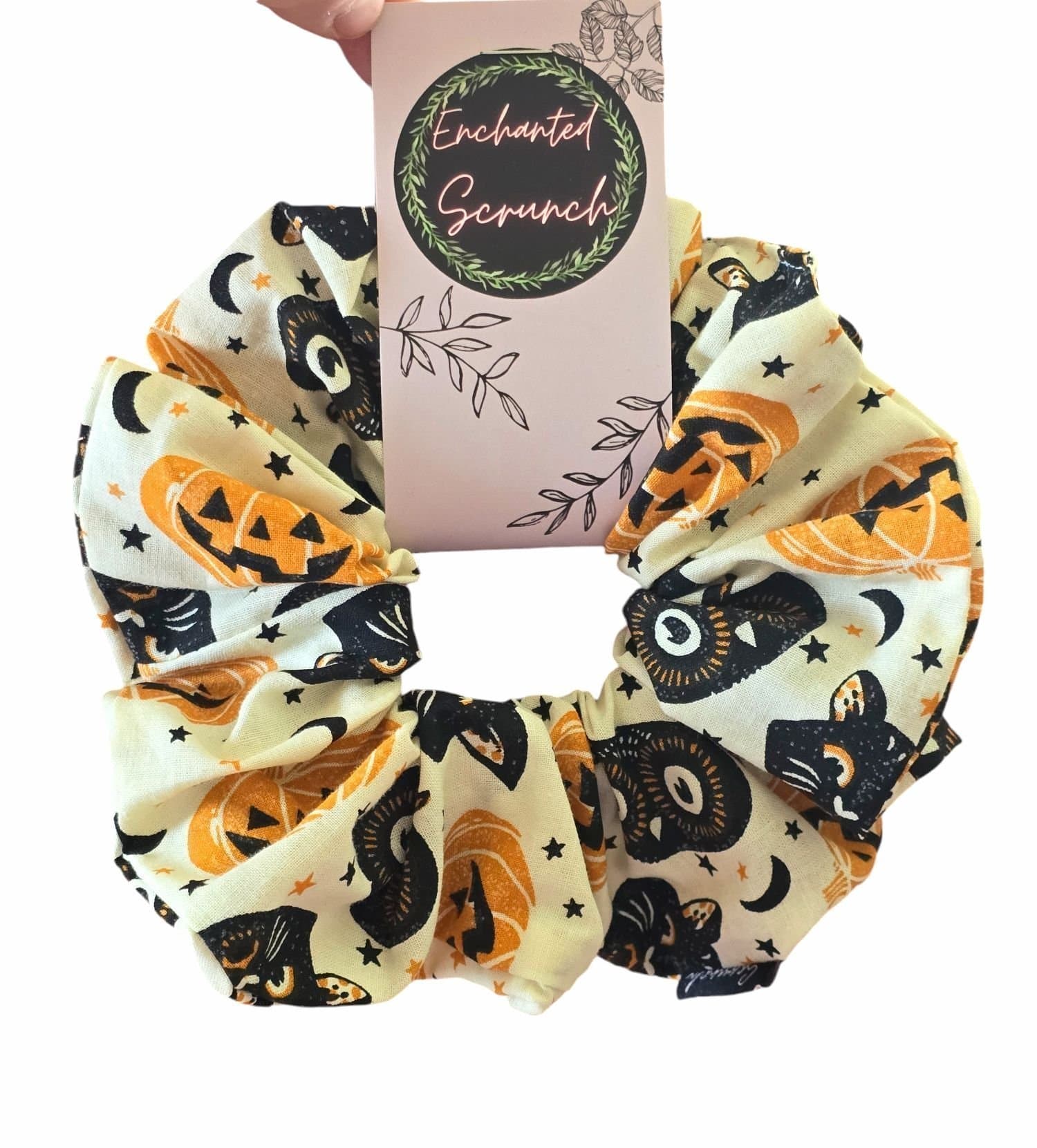 Vit katt uggla & pumpahuvud överdimensionerad XXL Scrunchie Enchanted Scrunch NY
