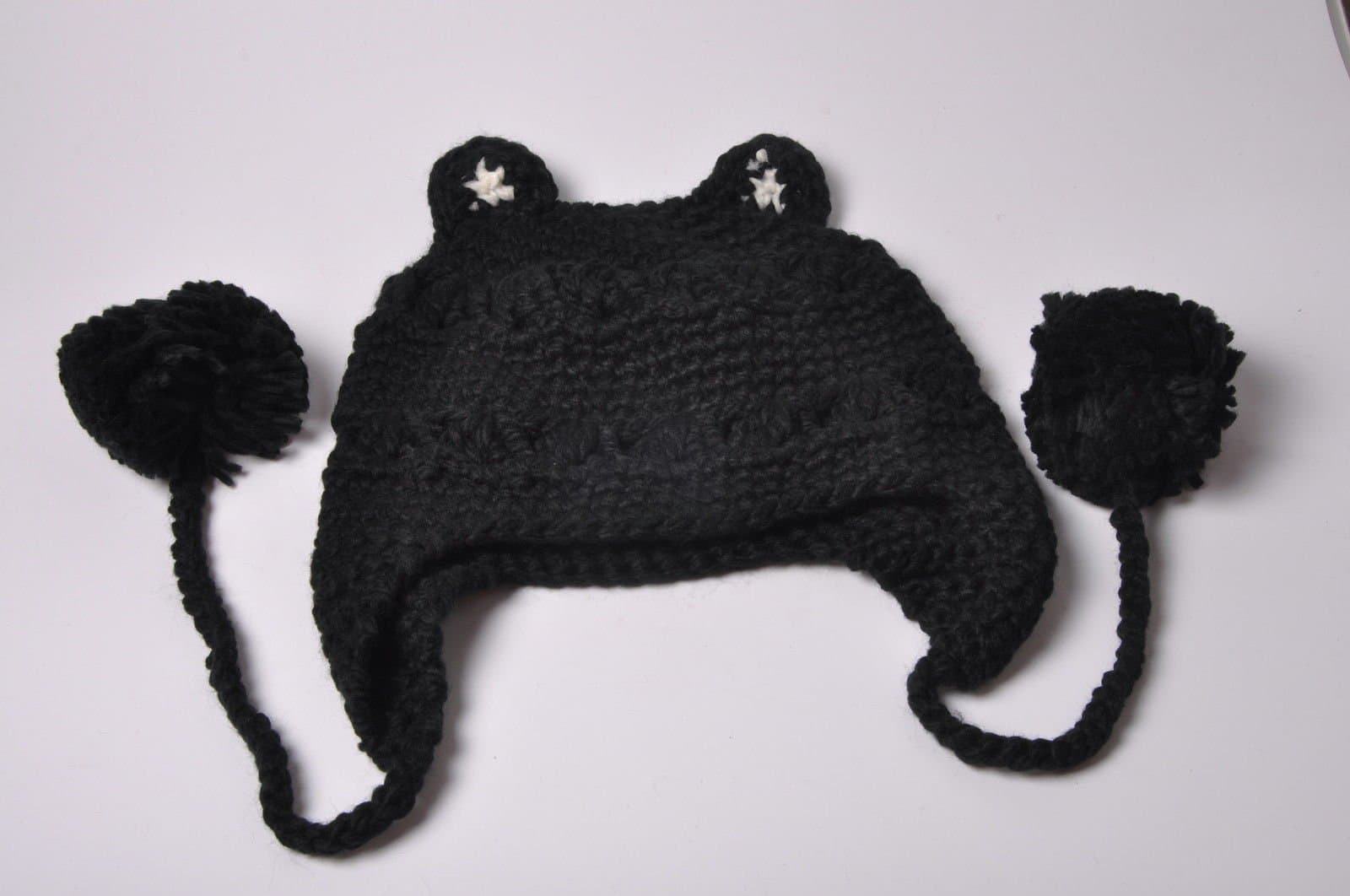 Stickad MÖSSA MED ÖRON svart beige barn vuxen vårmössa mjuk skön snöre ej foder