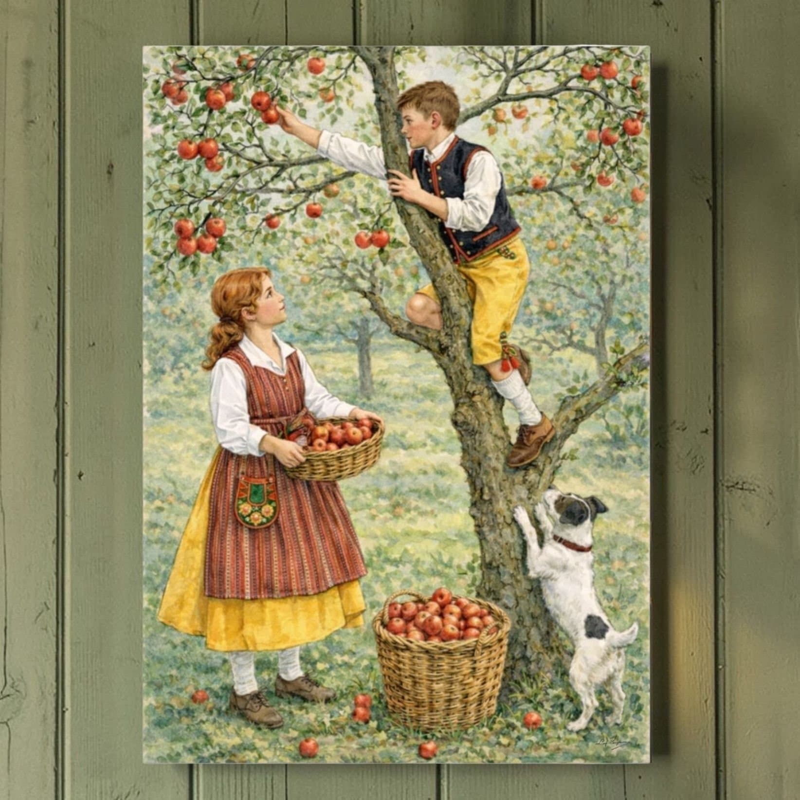 Hård tavla - "Äppelskörd i Dalarna" , allmoge