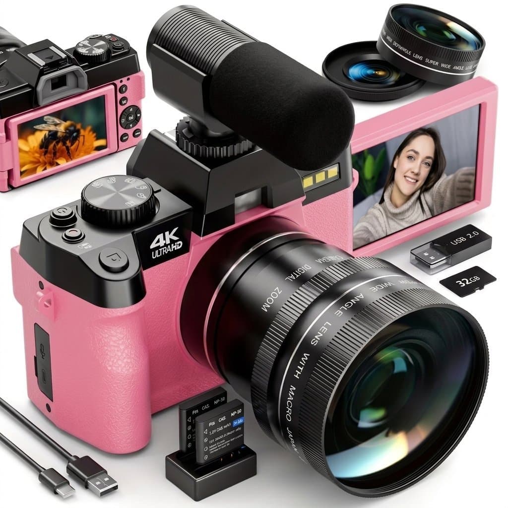 FRI FRAKT 4K Digitalkamera 48MP, Vlogging/YouTube, 32GB + Tillbehör ROSA