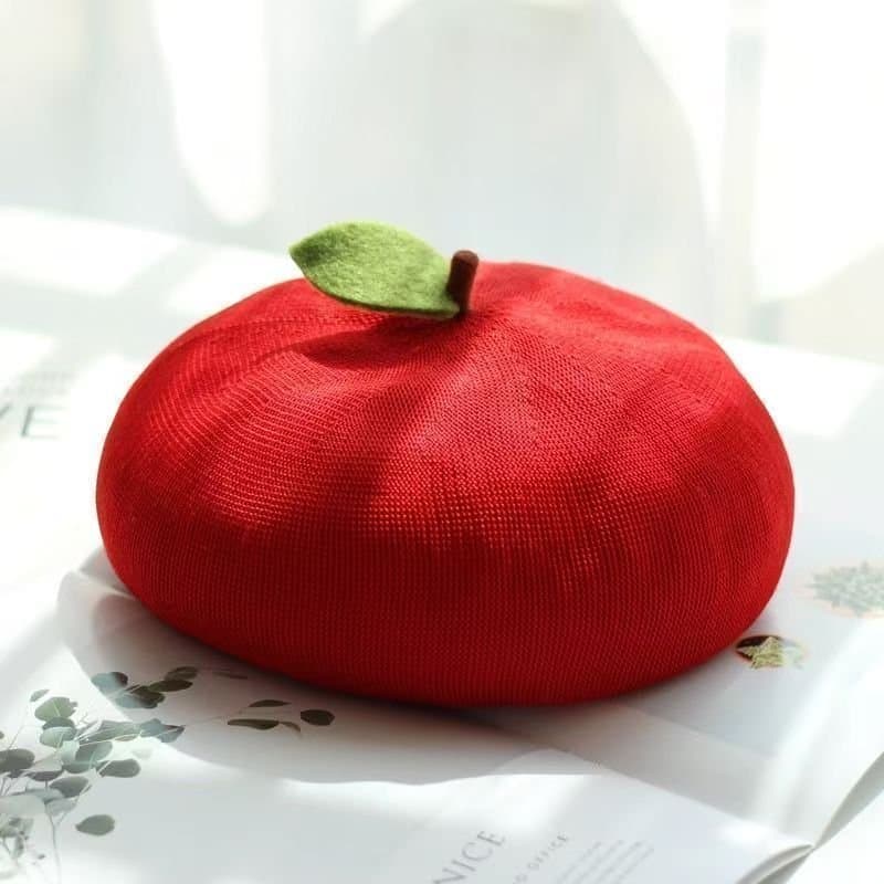 Red Fruit Knitted Hat, Soft Girl Spring/Summer Hat, Vintage Painter Beret