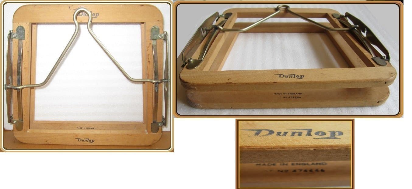 Vintage Dunlop Racketpress i trä-tillverkad i England med patentnummer 474646.