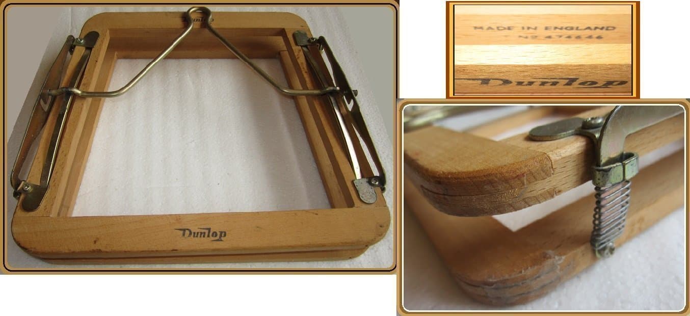 Vintage Dunlop Racketpress i trä-tillverkad i England med patentnummer 474646.