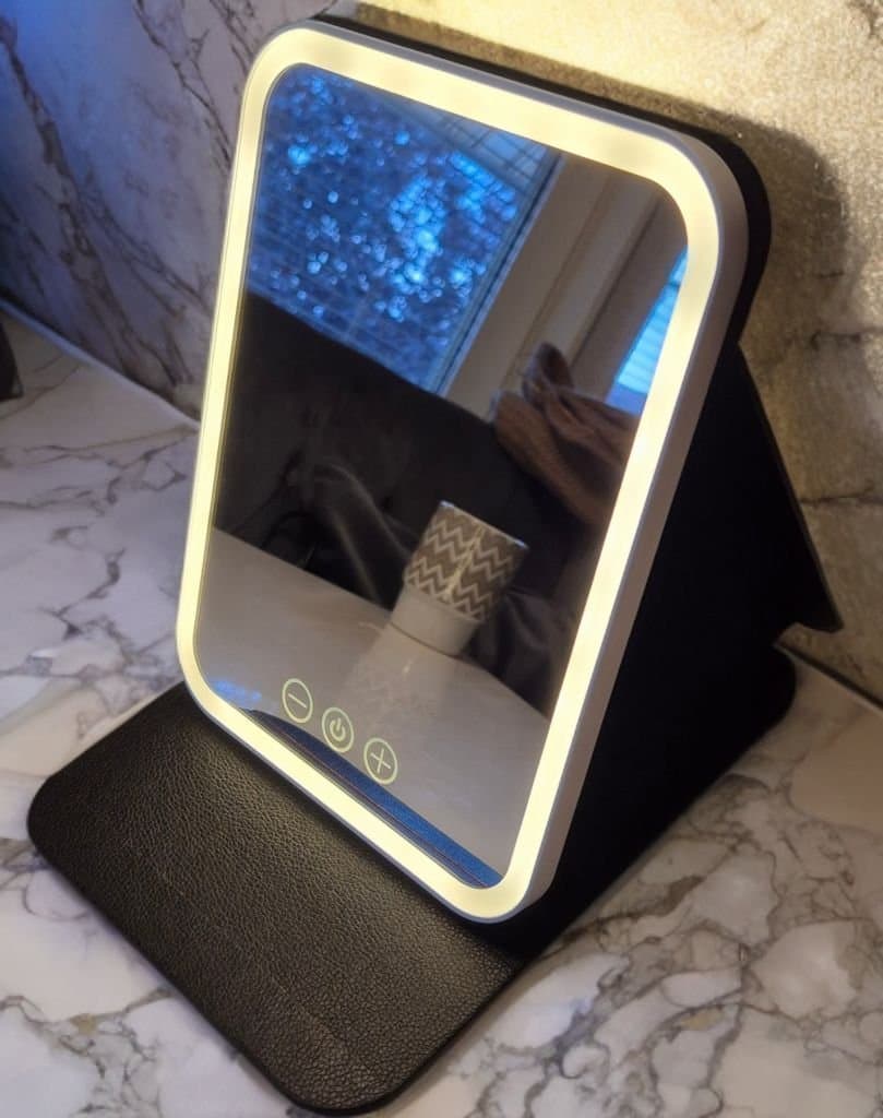 Svart hopfällbar Sminkspegel med LED-belysning – Perfekt för Hem och Resa