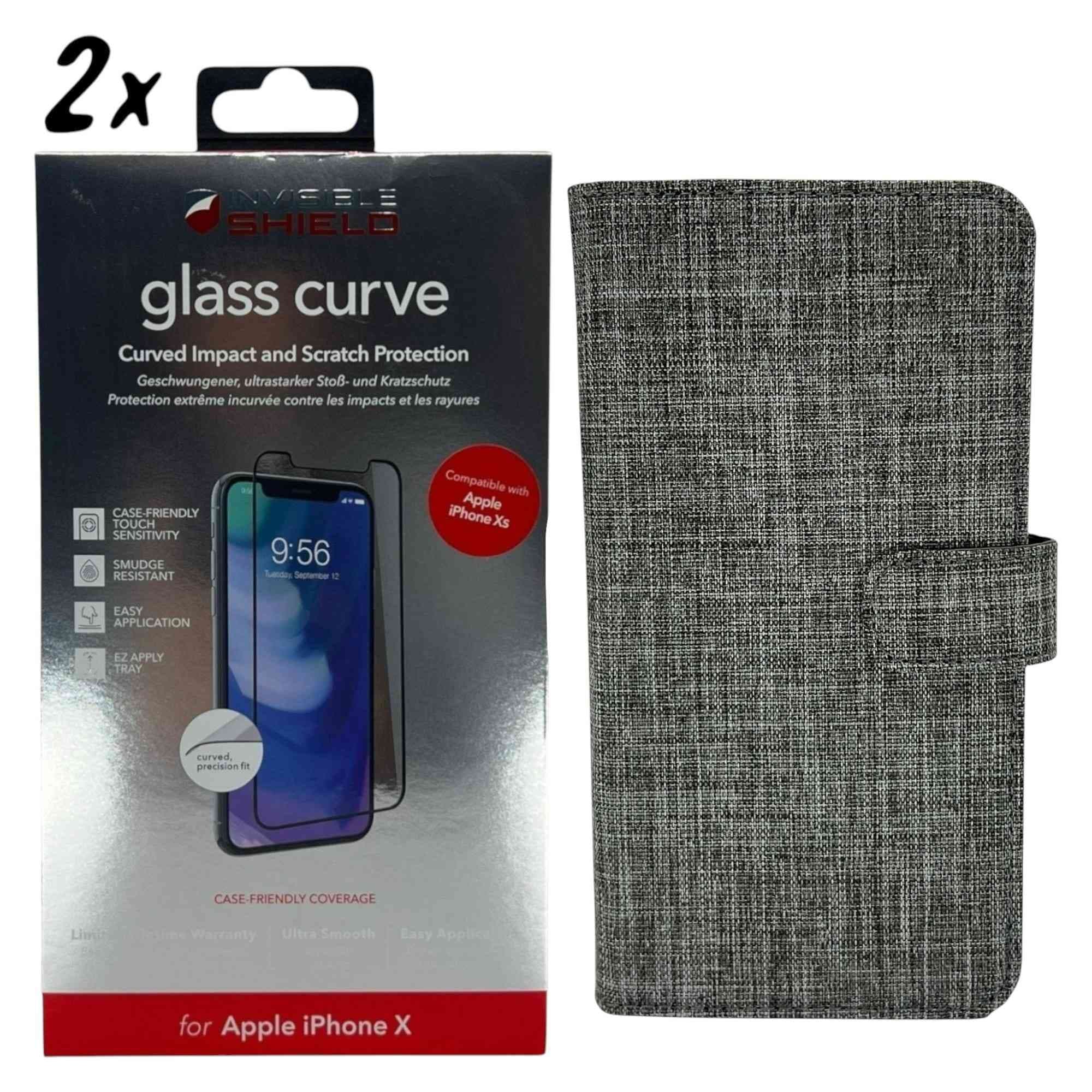 [Paket] iPhone X/XS - Jeans Plånboksfodral + 2x 9H Härdat Glas Skärmskydd + Ram