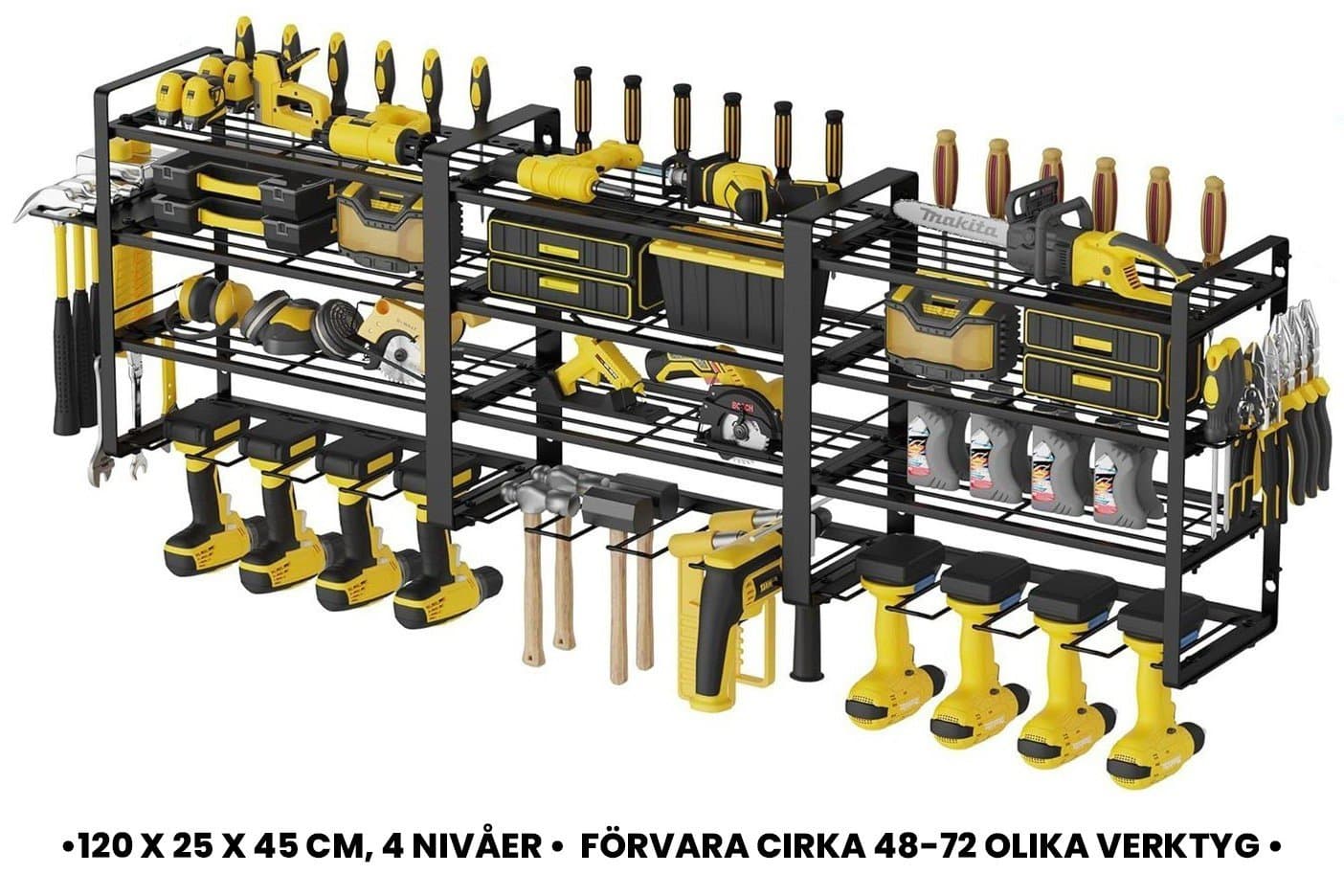 NY 4 nivåers verktygshylla av metall + 4 borrhållare• 120 x 25 x 45 cm • VÅ