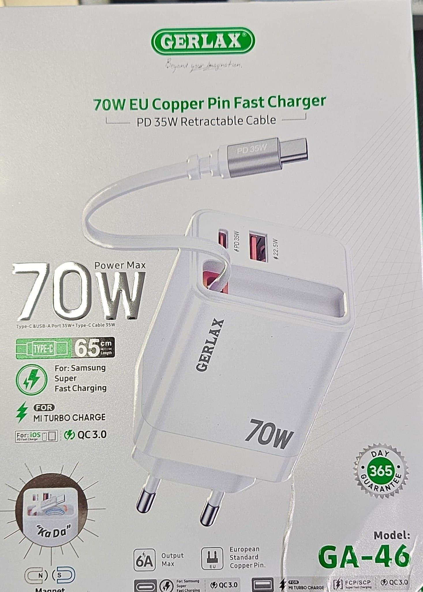 GERLAX 70W EU Kopparstift Snabbladdare med PD 35W Indragbar Kabel