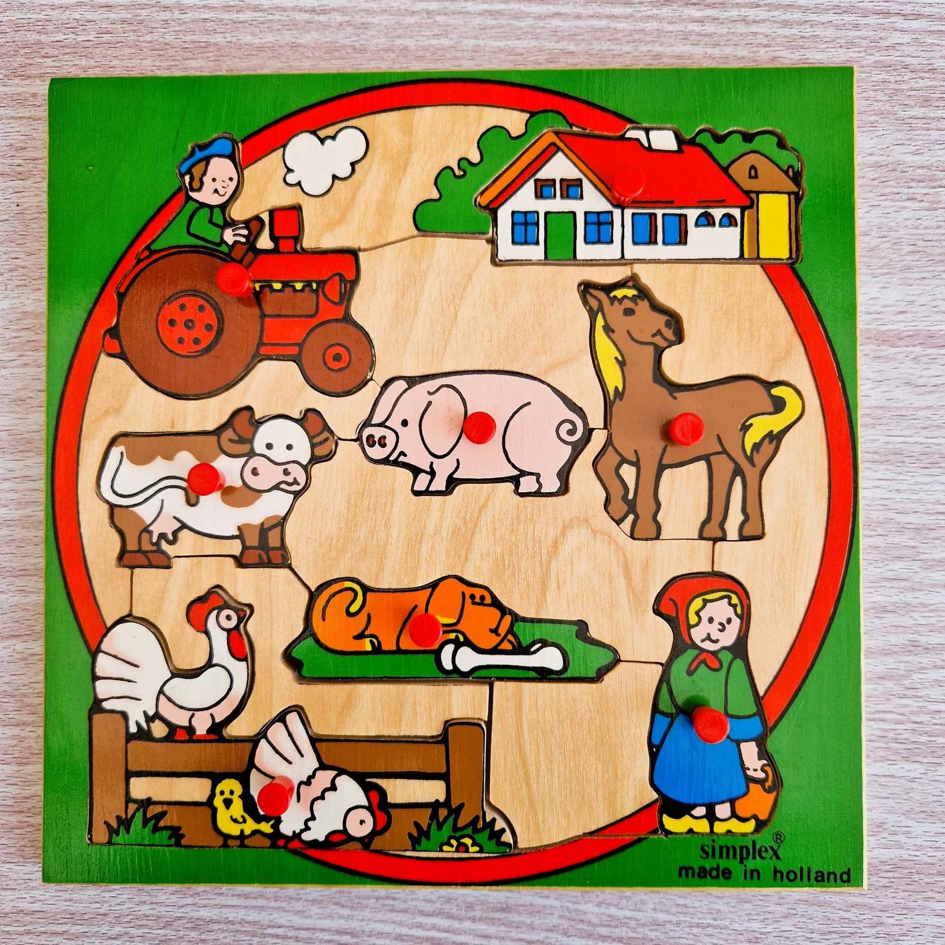 Vintage Simplex Wooden Puzzle Farm Scene Holland Knob Puzzle 12 Pieces