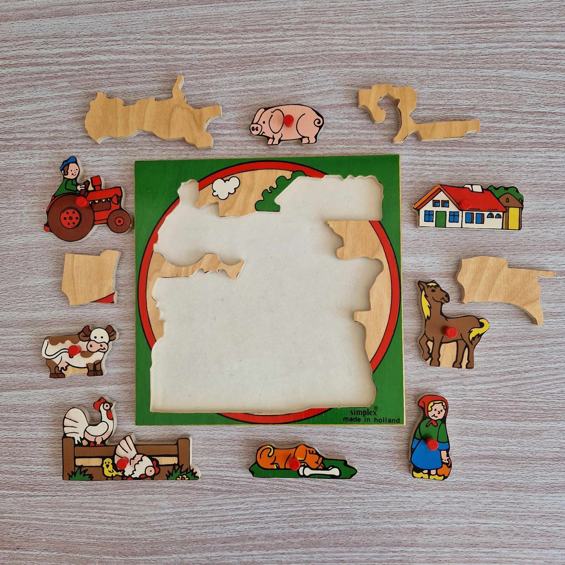 Vintage Simplex Wooden Puzzle Farm Scene Holland Knob Puzzle 12 Pieces