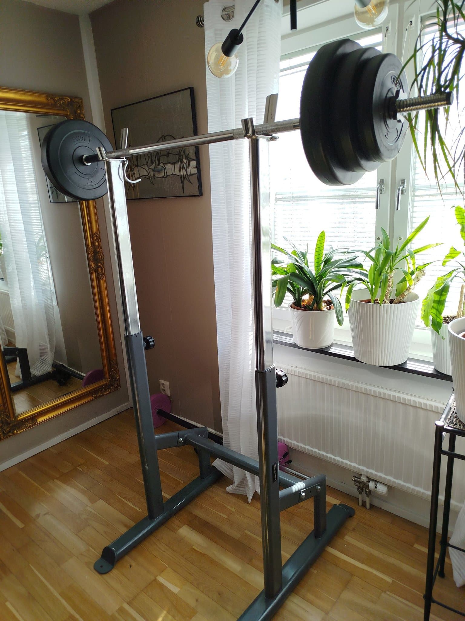 Skivstångsställning med 35 kg vikter och stång