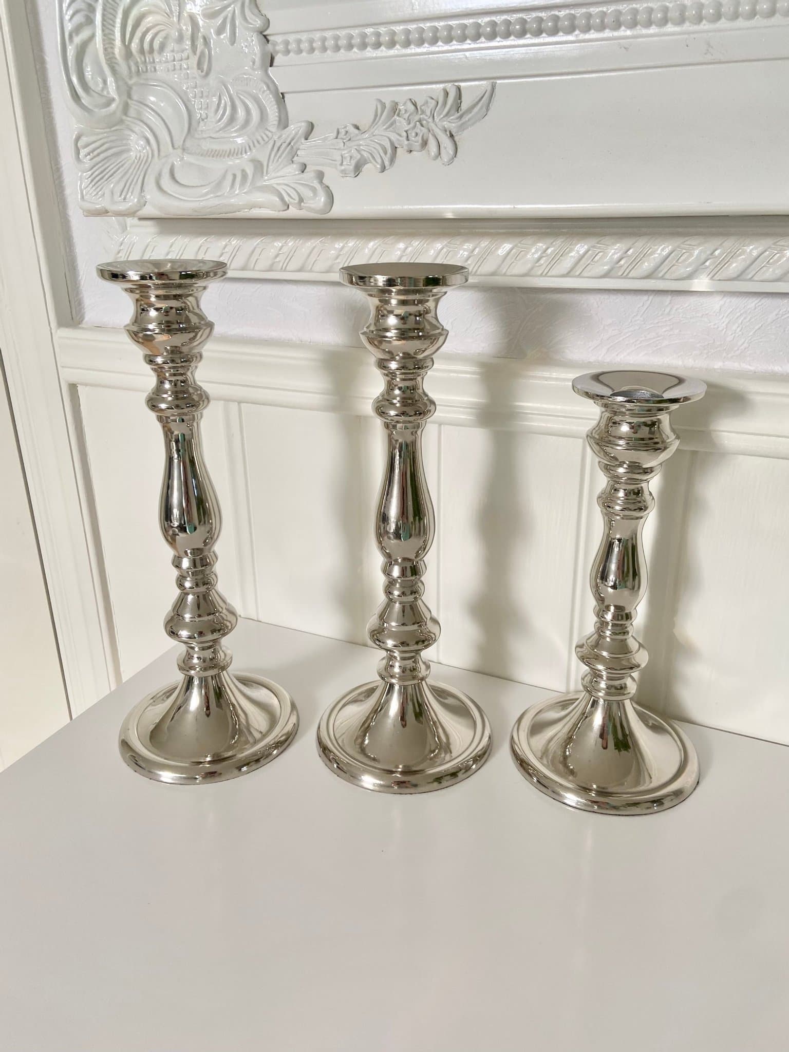 3 st Ljusstake silver metall H34 Ø9 H22 Ø9 Mio Lou Utgått