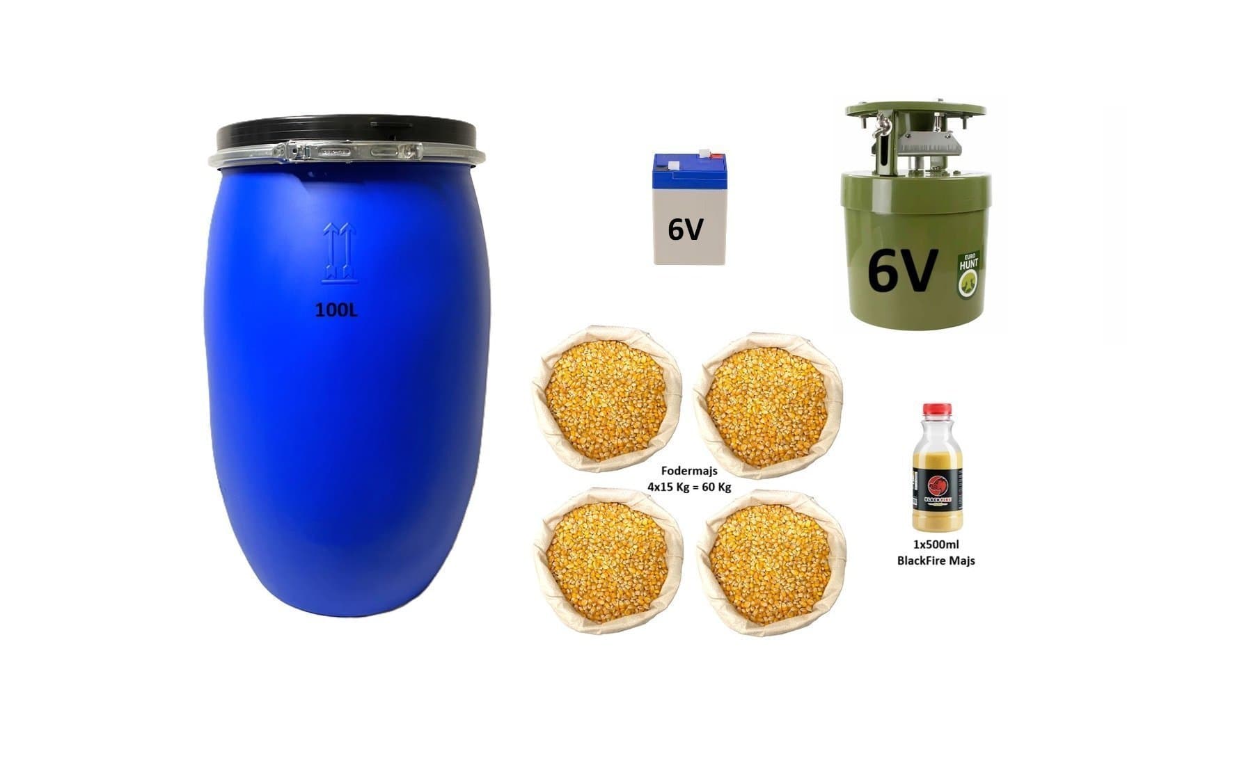 Paket för ÅTELJAKT Tunna 100L + Spridare 6V + Batteri 6V + Fodermajs + Lockmedel