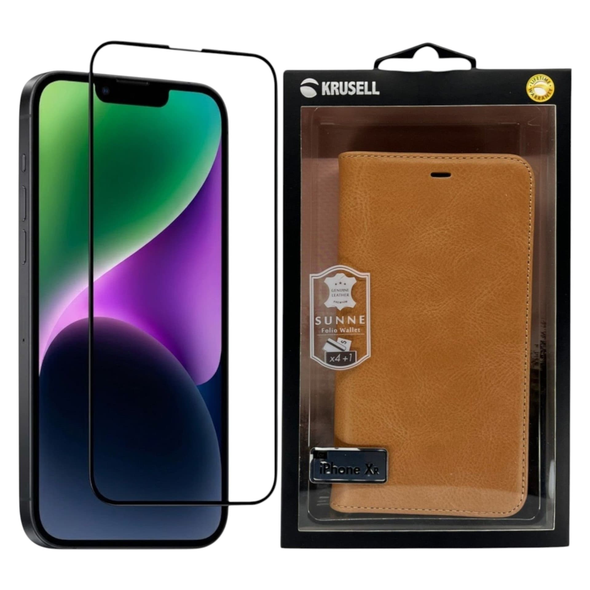 [Paket] iPhone Xr - Äkta Läder Plånboksfodral + 9H Härdat Glas Skärmskydd