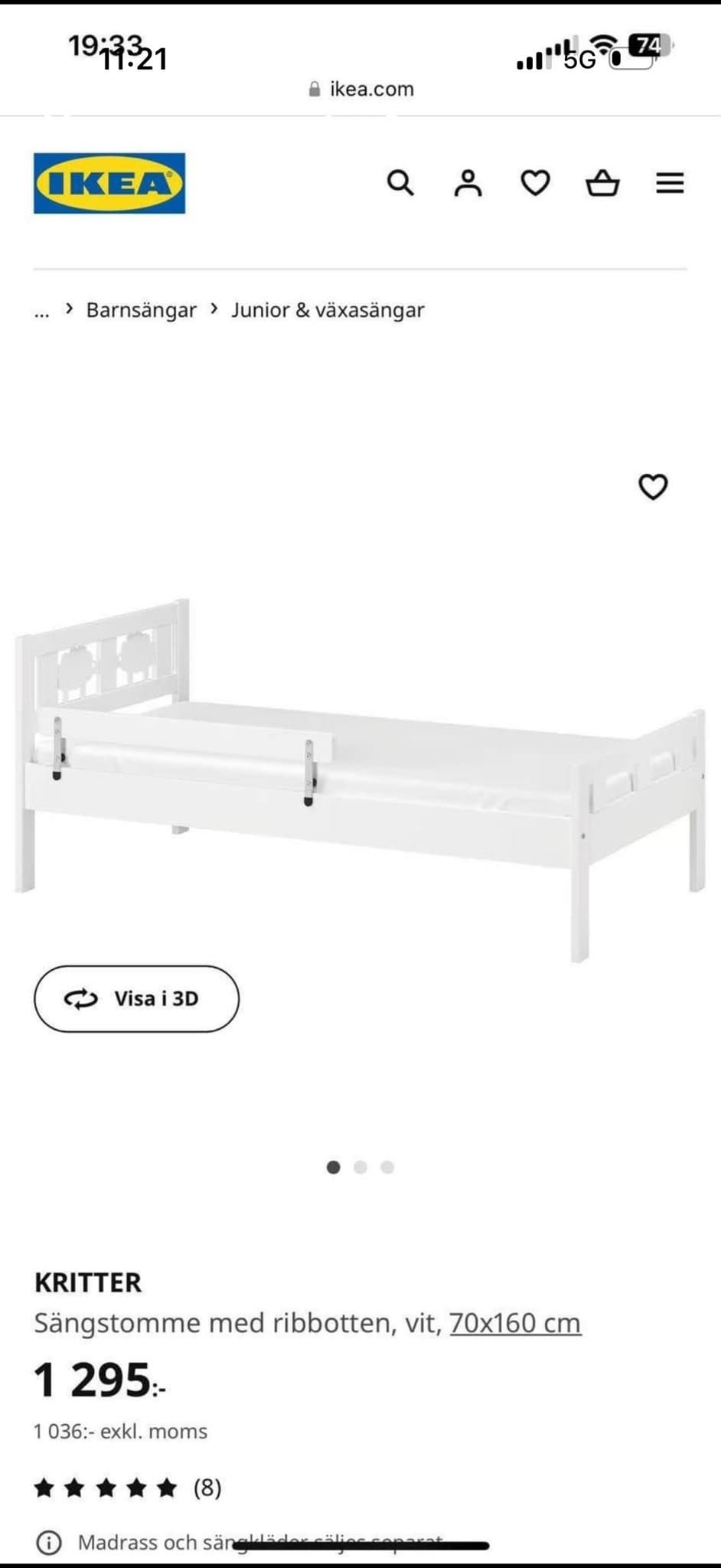 IKEA KRITTER Sängstomme med ribbotten, vit, 70x160 cm