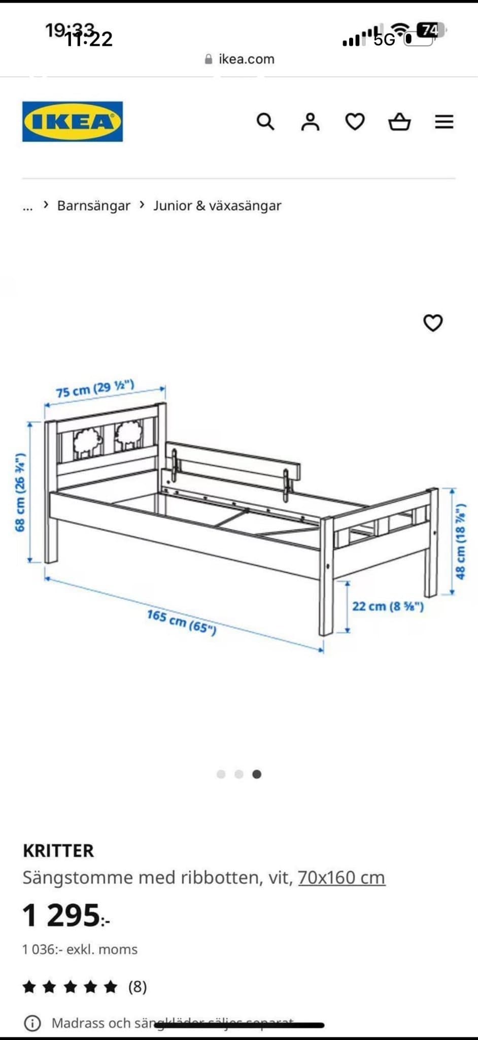 IKEA KRITTER Sängstomme med ribbotten, vit, 70x160 cm