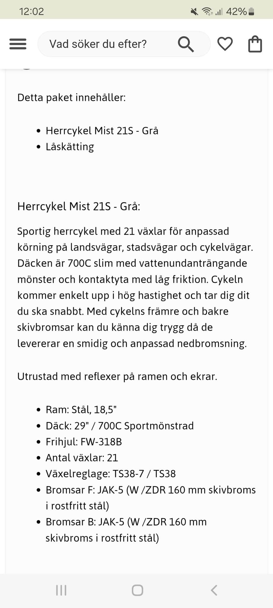 Herrcykel Mist 21S - Grå