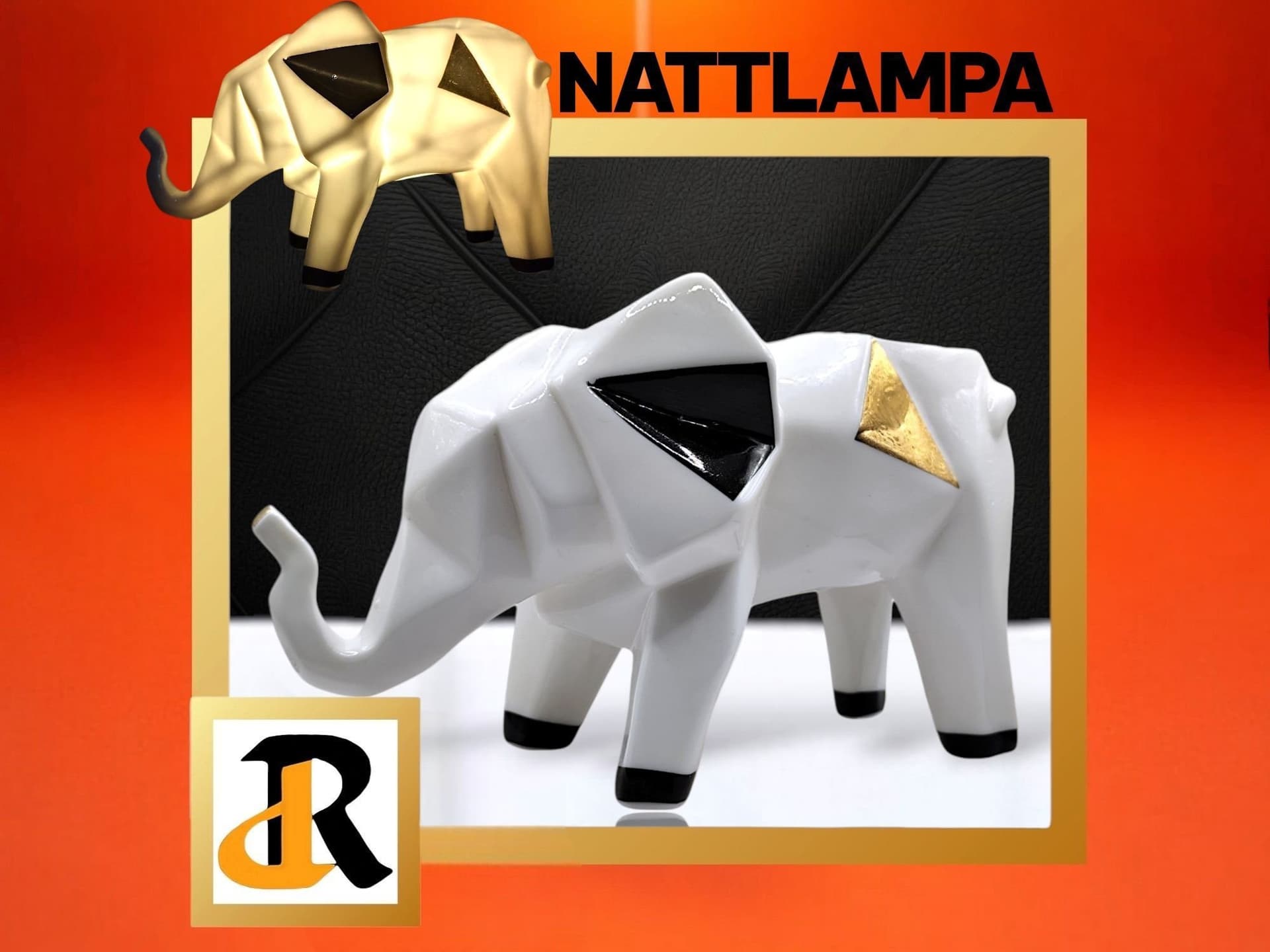 Nattlampa skulptur i porslin, geometrisk elefant. Lampan ger varmt sken