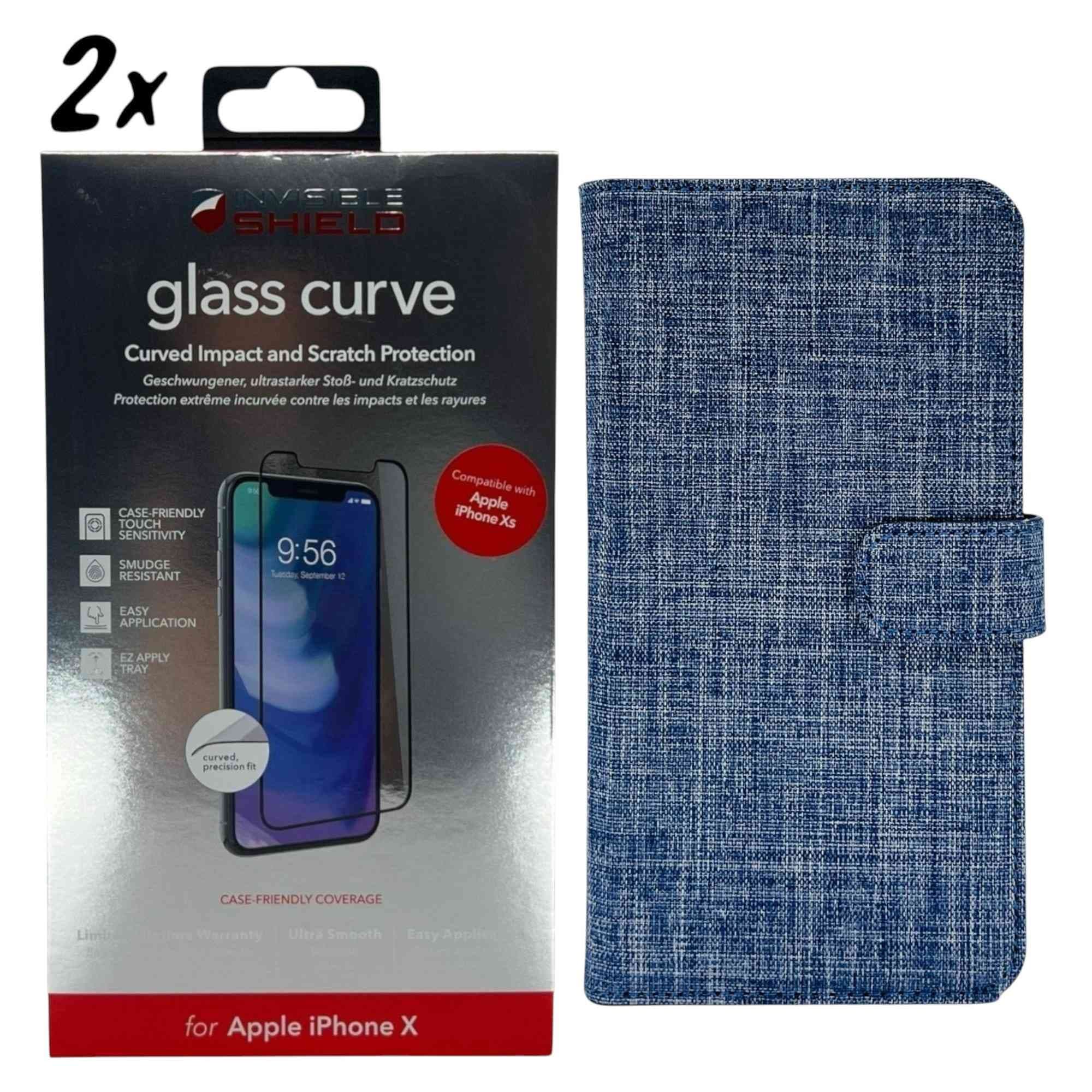 [Paket] iPhone X/XS - Jeans Plånboksfodral + 2x 9H Härdat Glas Skärmskydd + Ram
