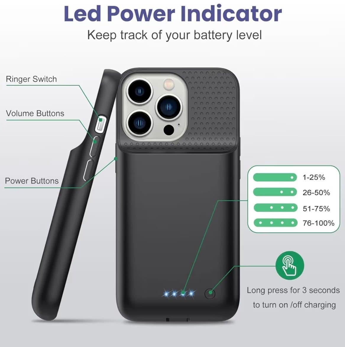 Batteriskal för iPhone 16 Pro (6.3 tum) med 7500 mAh + skärmskydd