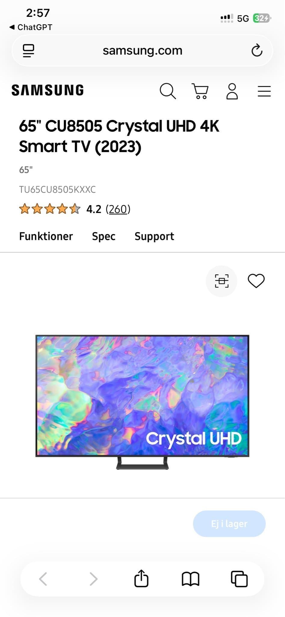 Samsung 65" CU8505 Crystal UHD 4K Smart TV (2023)