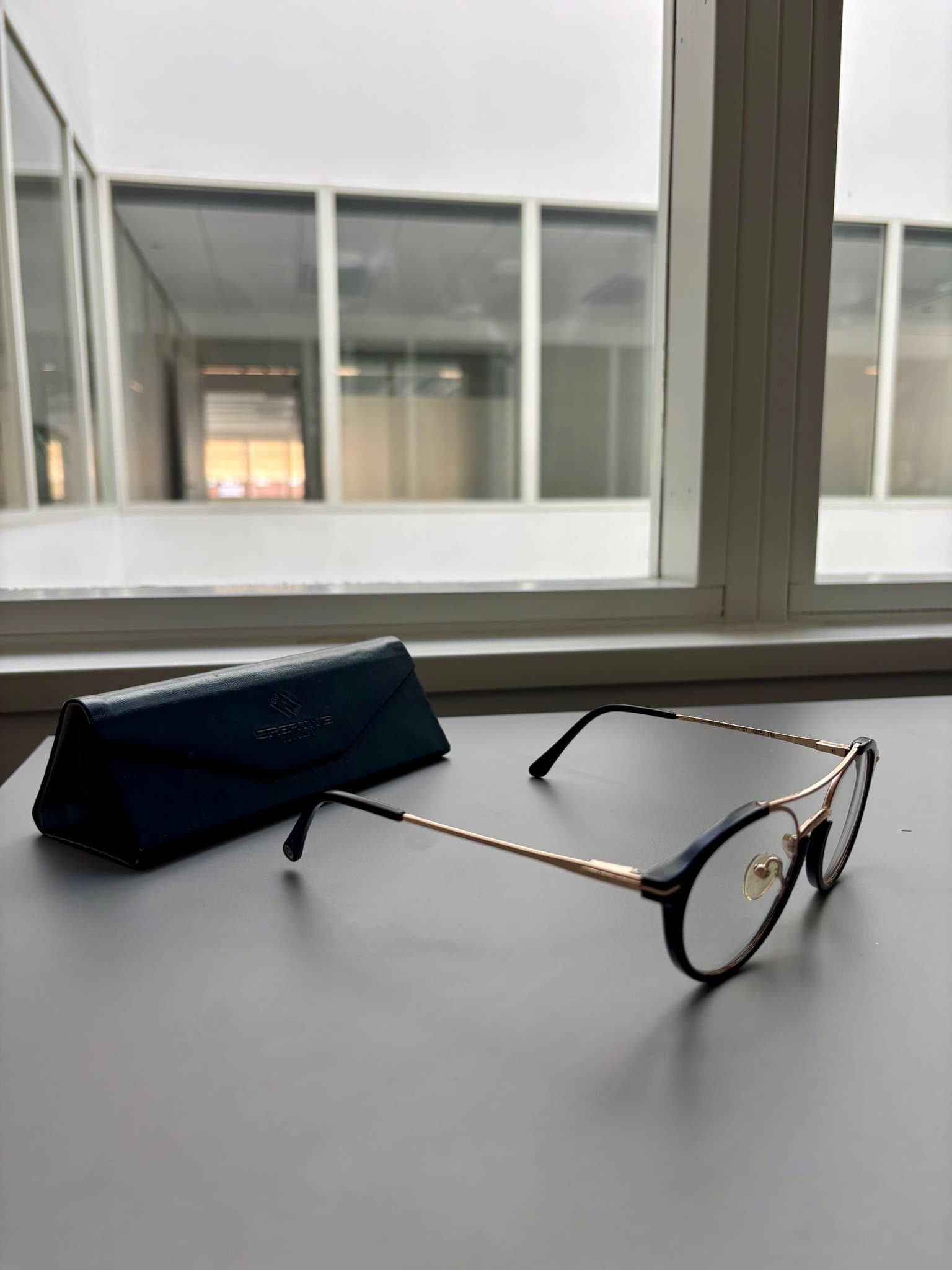 Svarta och guldfärgade glasögon med fodral