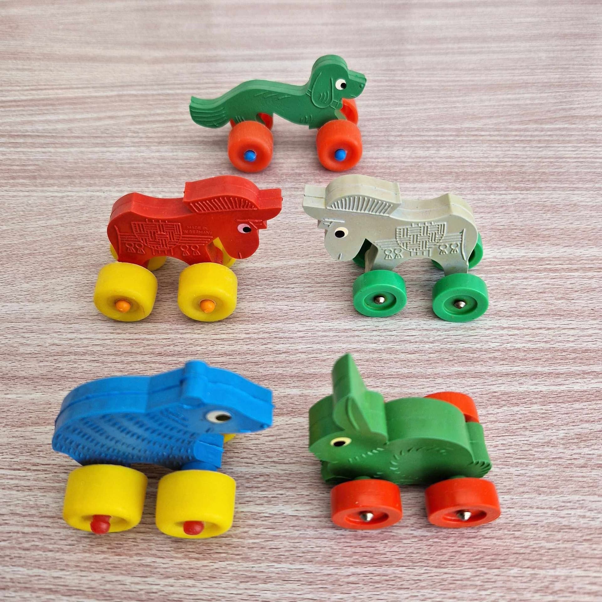 5 Rolling Animal Toys W Germany Horse Dog Bear Donkey Rabbit