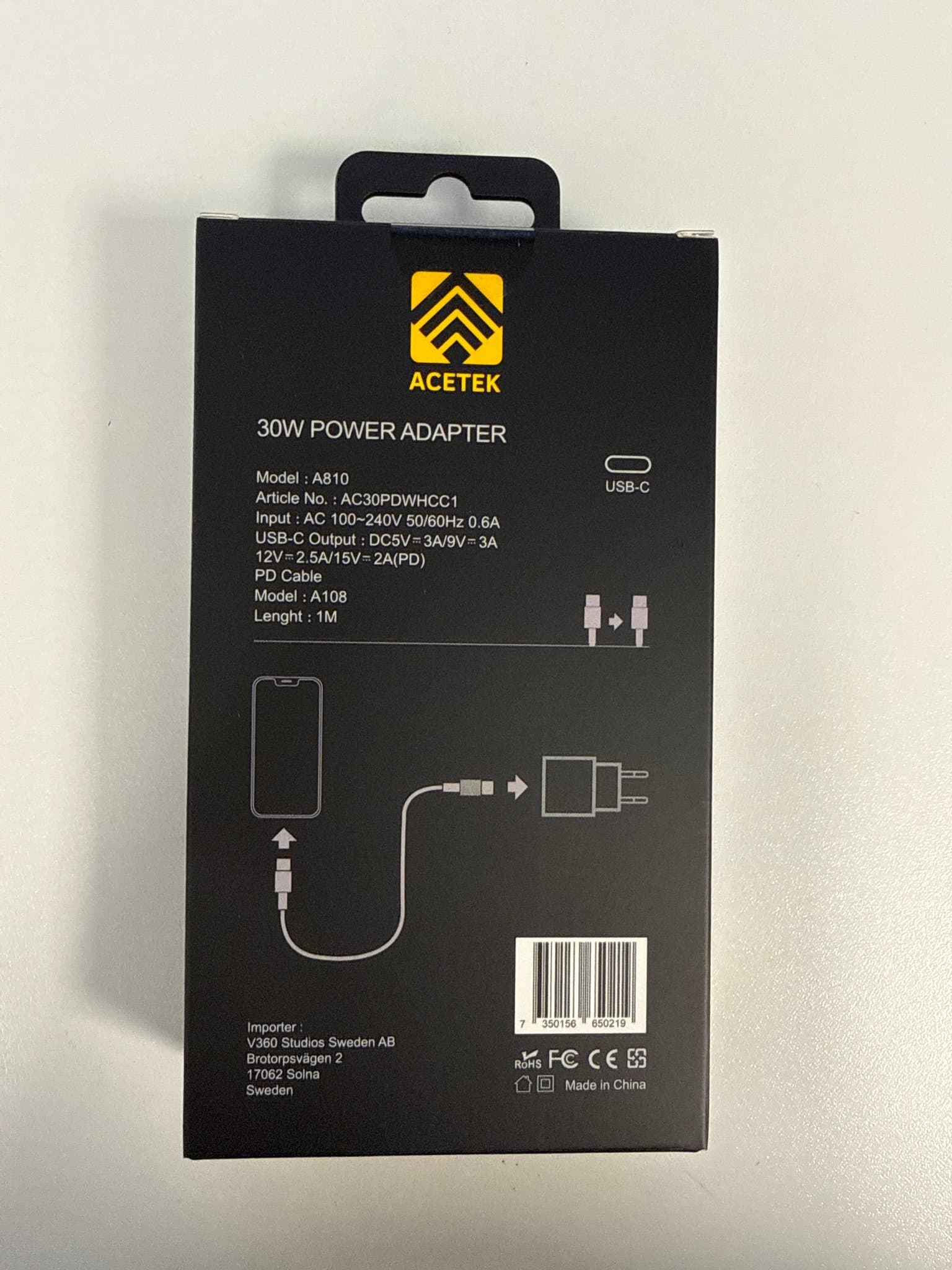ACETEK 30W USB-C Strömadapter med usb c till usb c - kabel, 1 m