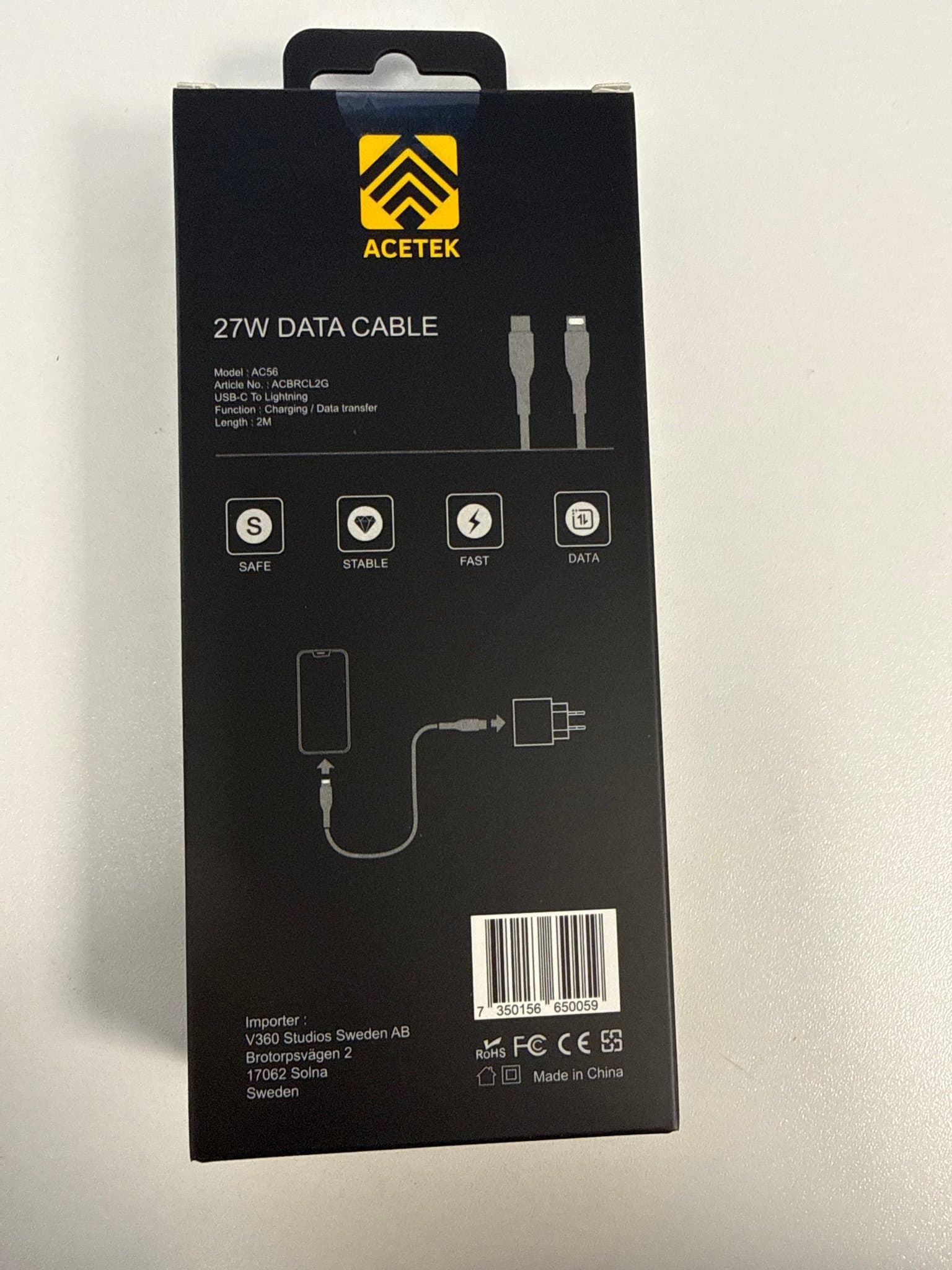 ACETEK USB-C till Lightning-kabel 2M, 27W Snabbladdning