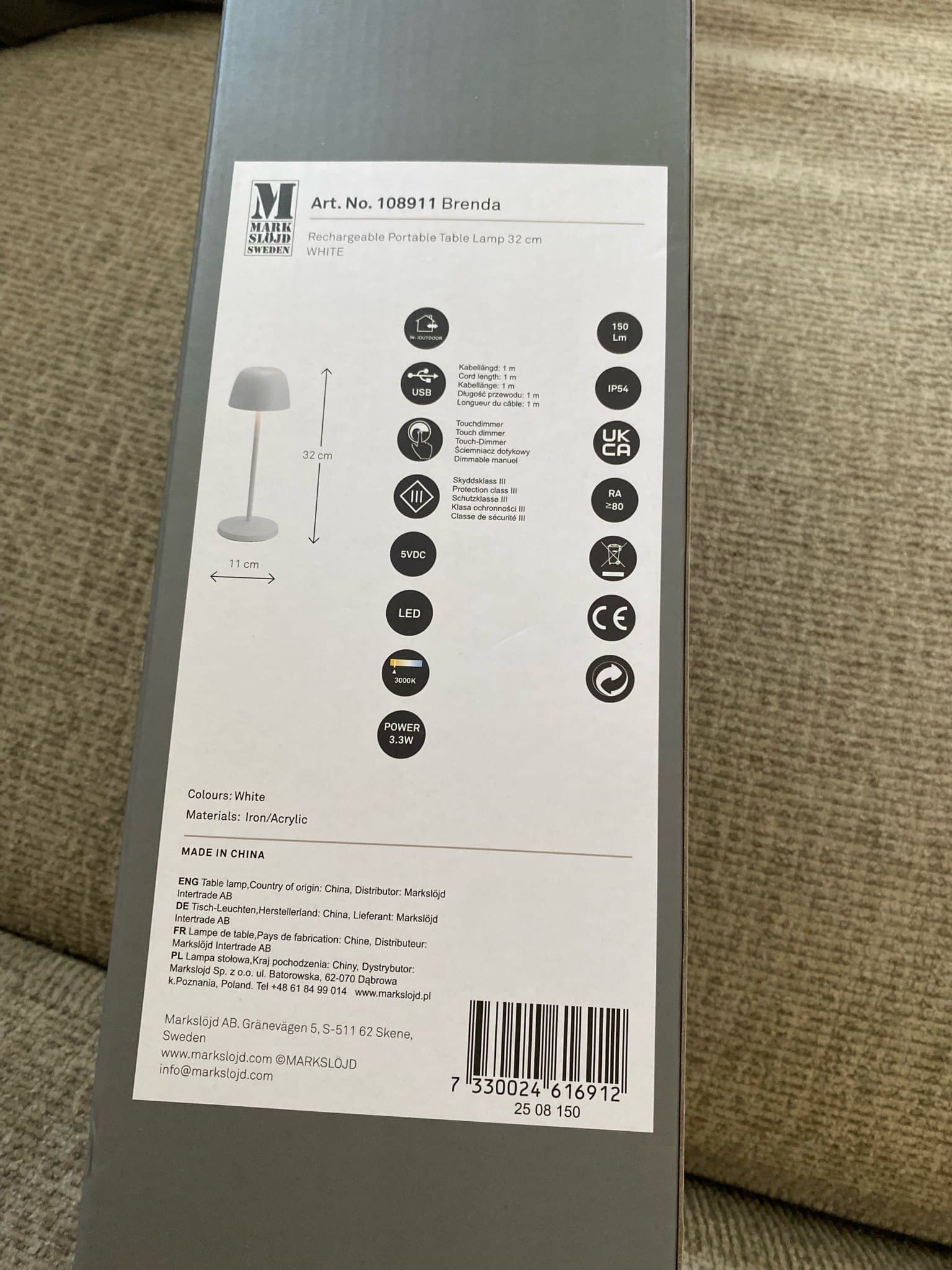 Markslöjd Brenda Uppladdningsbar Bordslampa 32 cm Vit