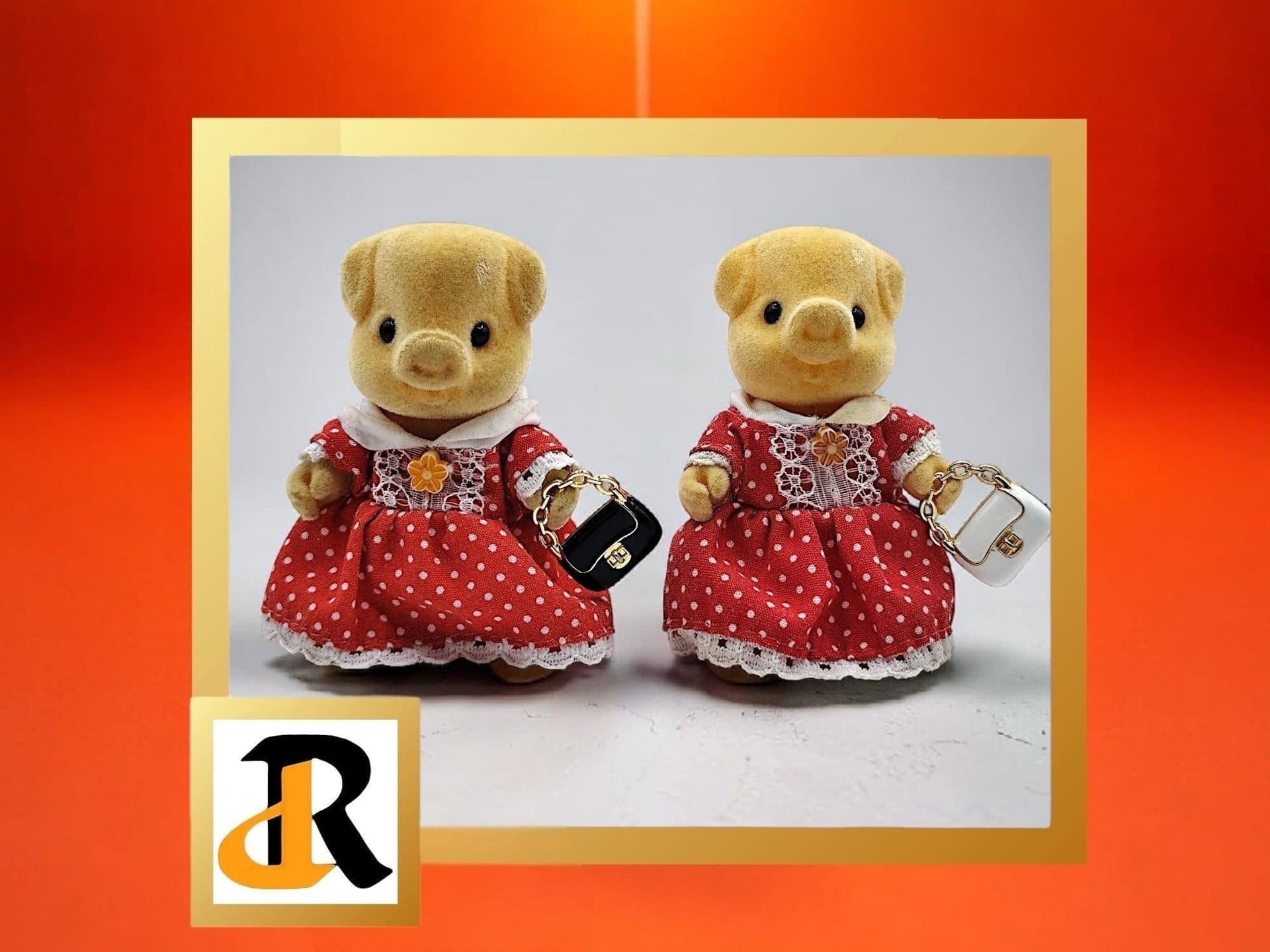 Vintage Sylvanian Families, två gris flickor, tvillingar i röda klänningar