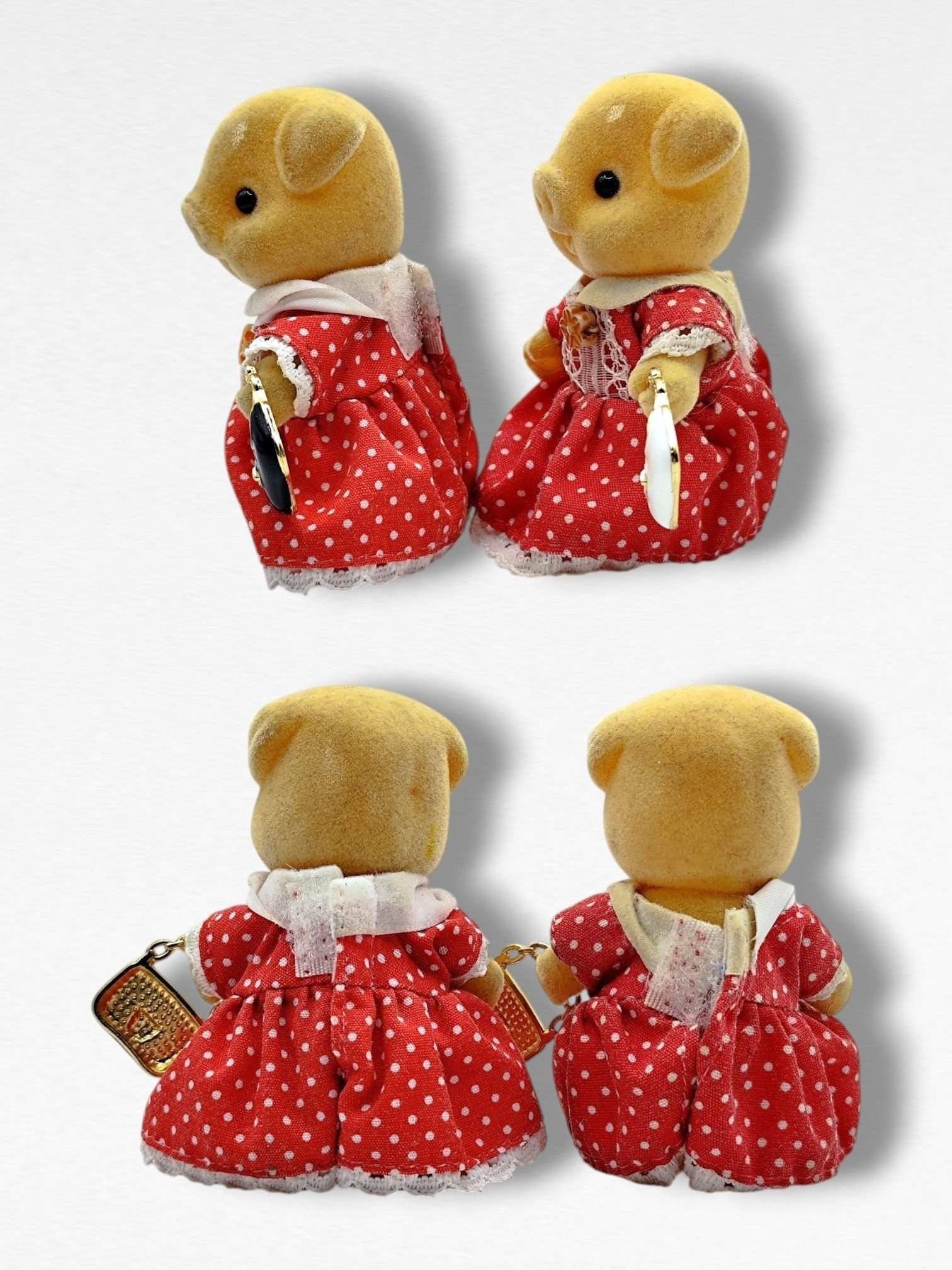 Vintage Sylvanian Families, två gris flickor, tvillingar i röda klänningar