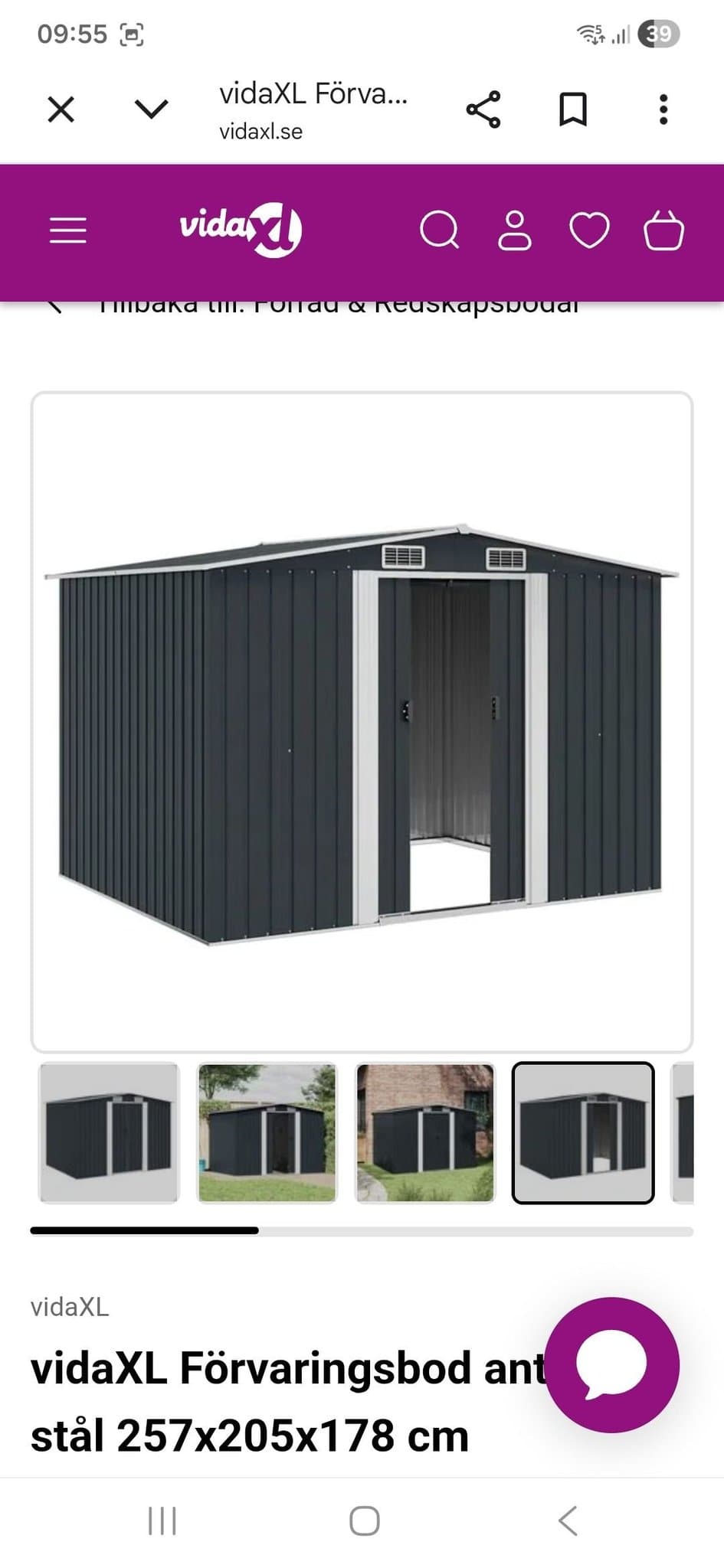 vidaXL Förvaringsbod antracit stål 257x205x178 cm