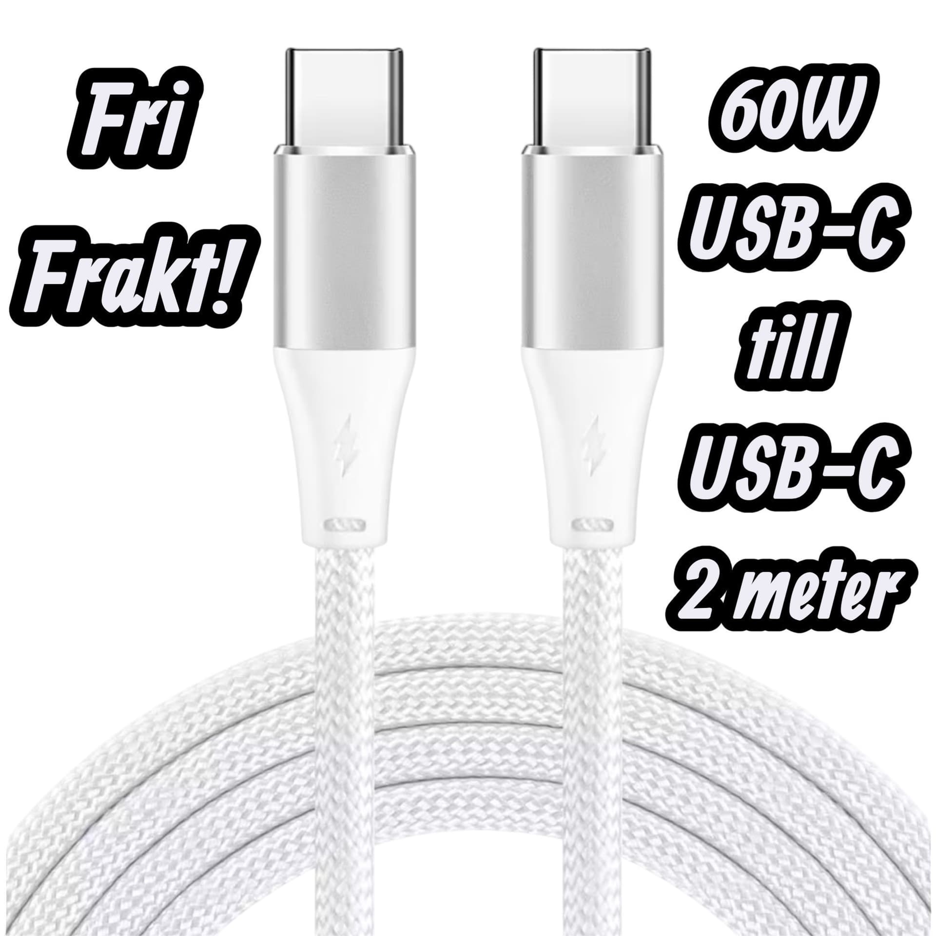iBox 60W USB-C till USB-C Laddkabel 2m - Vit | Nylonflätad | P.D 3.0 & Q.C 4.0