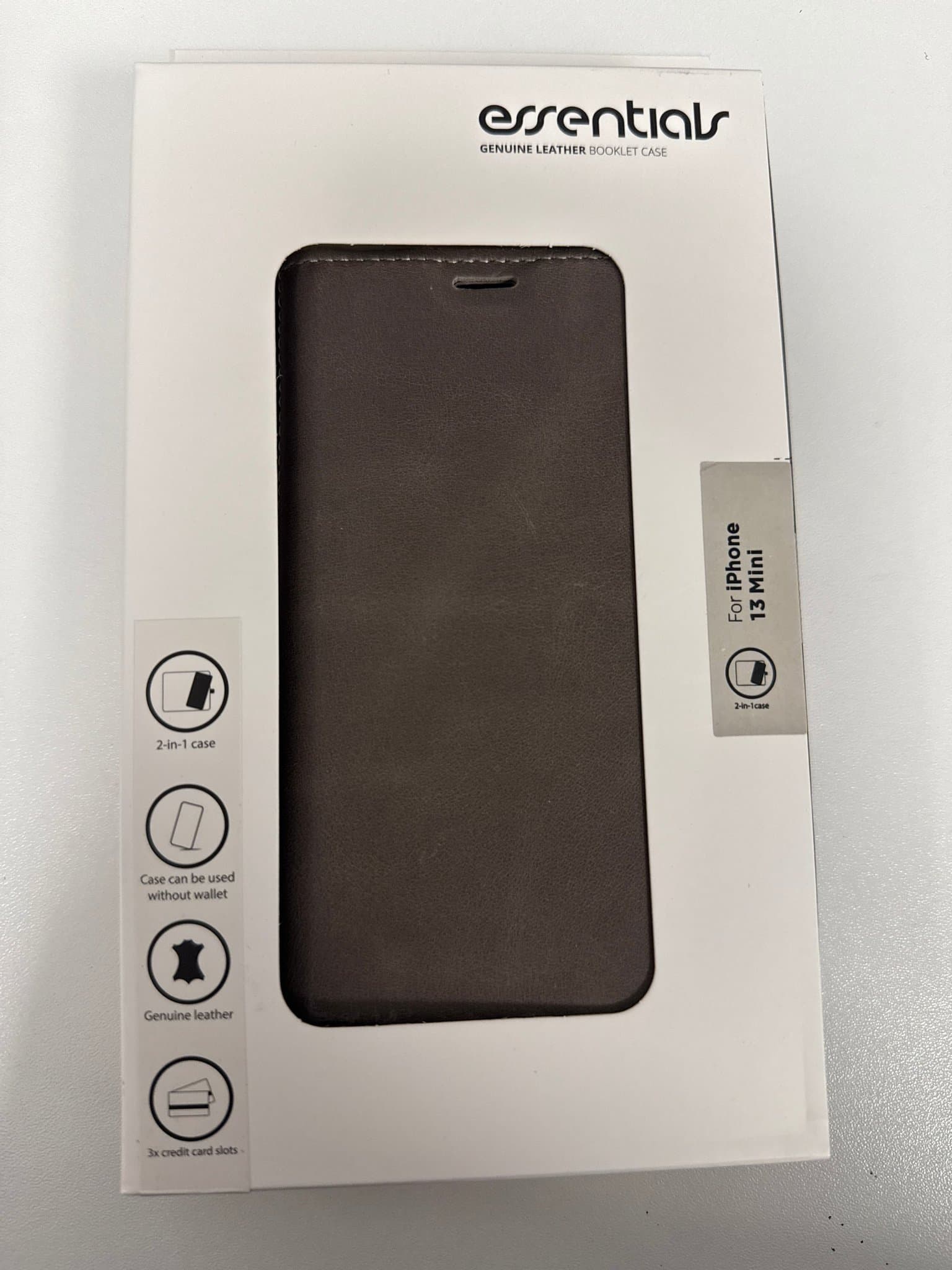 Essentials Äkta Läderfodral för iPhone 13 Mini,2-i-1, BrunGrå