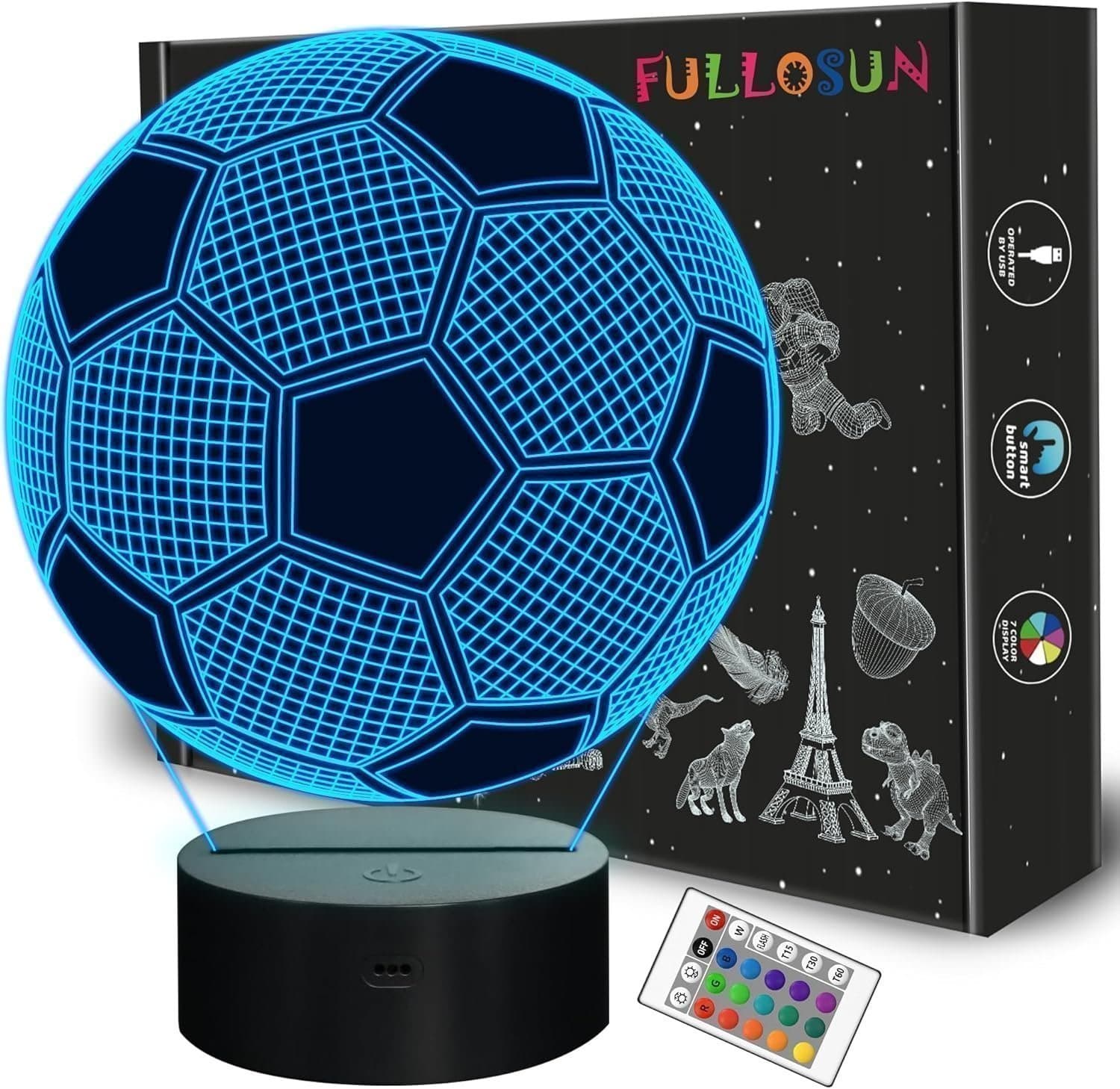 3D Effekt Fotboll Nattlampa – Visuell Illusion, 16 Färger med Fjärrkontroll