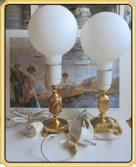 Ett par Bordslampor i mässing & marmor(Onyx)KEMA KEUR 594 CEBEC 2/250 BOFA MB 81