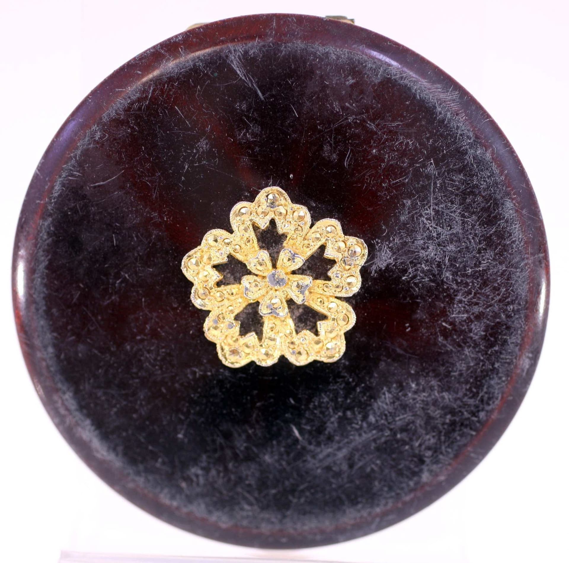 Antique Compact with mirror and Gold-Tone Floral Embellishment-circa 1920s/30s