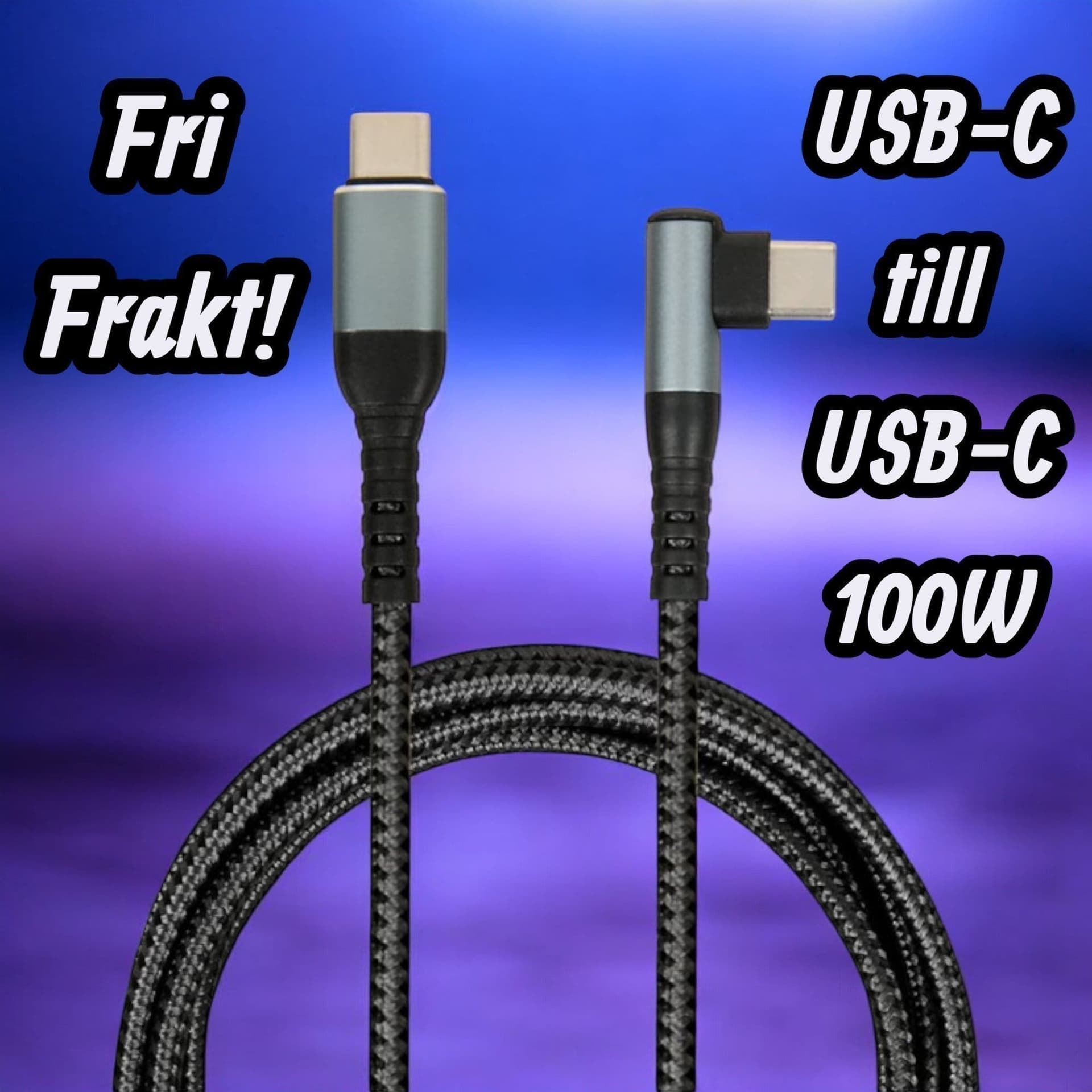 iBox 100W USB-C till USB-C Vinklad Laddkabel 2m - Svart | Nylonflätad P.D & Q.C