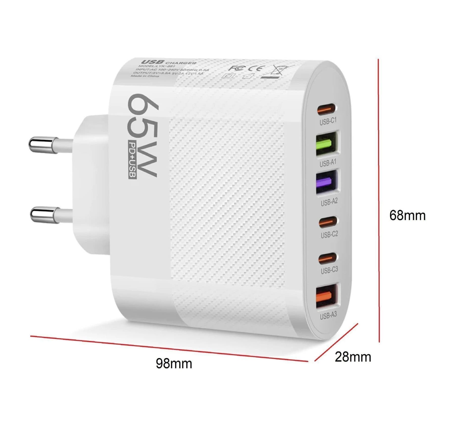Laddare 6 Portar, 3xUSB-A QC + 3xPD USB Typ C, 65W, Bärbar, EU-kontakt, Vit