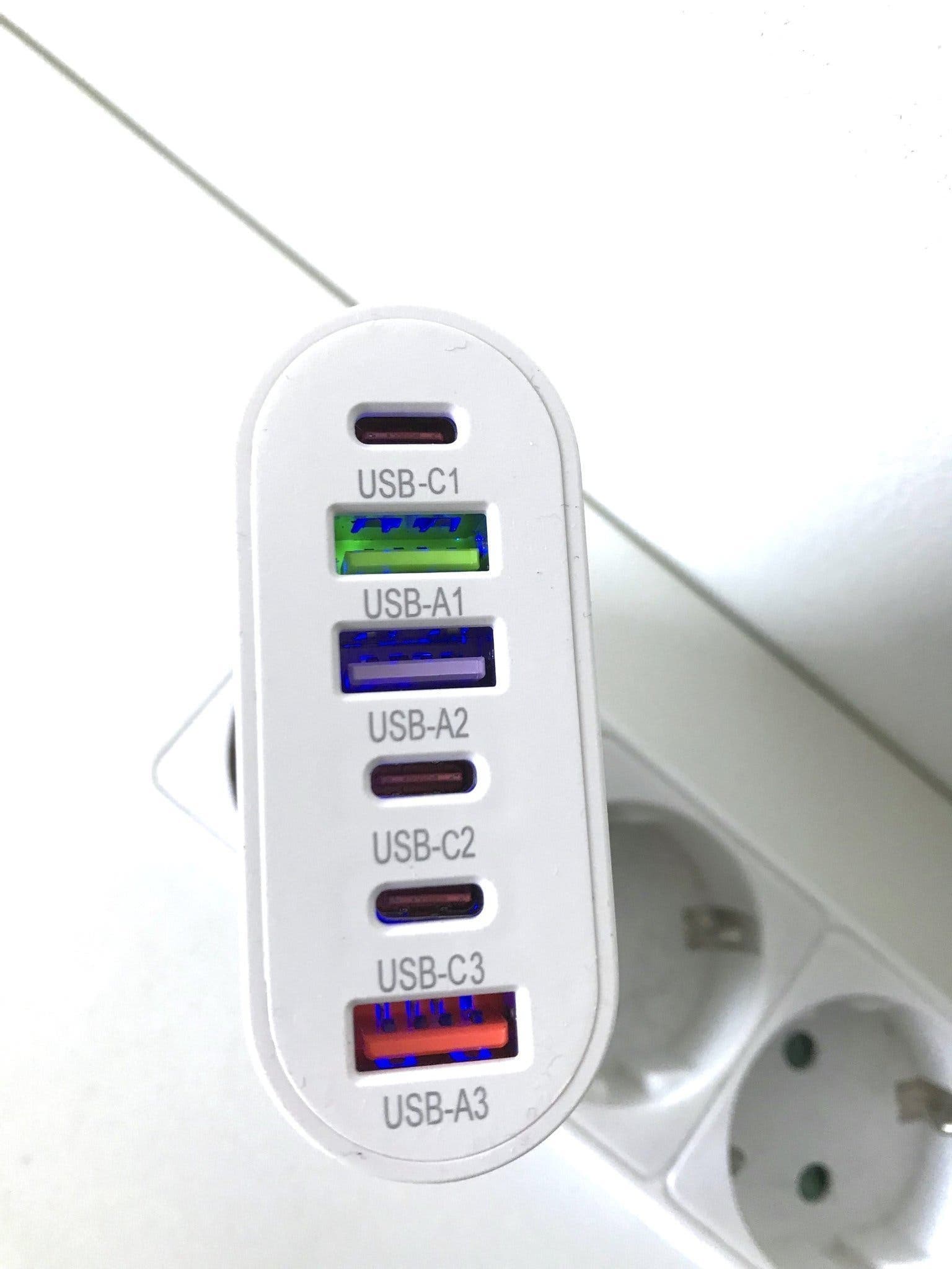 Laddare 6 Portar, 3xUSB-A QC + 3xPD USB Typ C, 65W, Bärbar, EU-kontakt, Vit