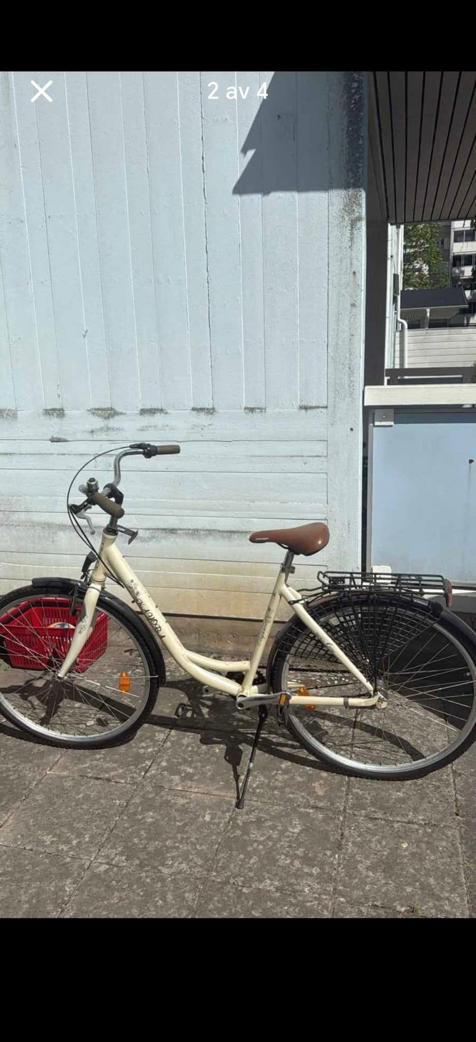 Damcykel med pakethållare och korg