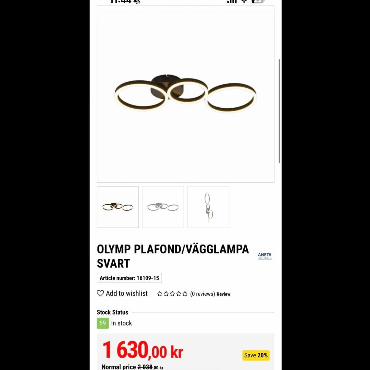 Aneta Lighting Olymp Plafond/Vägglampa Svart