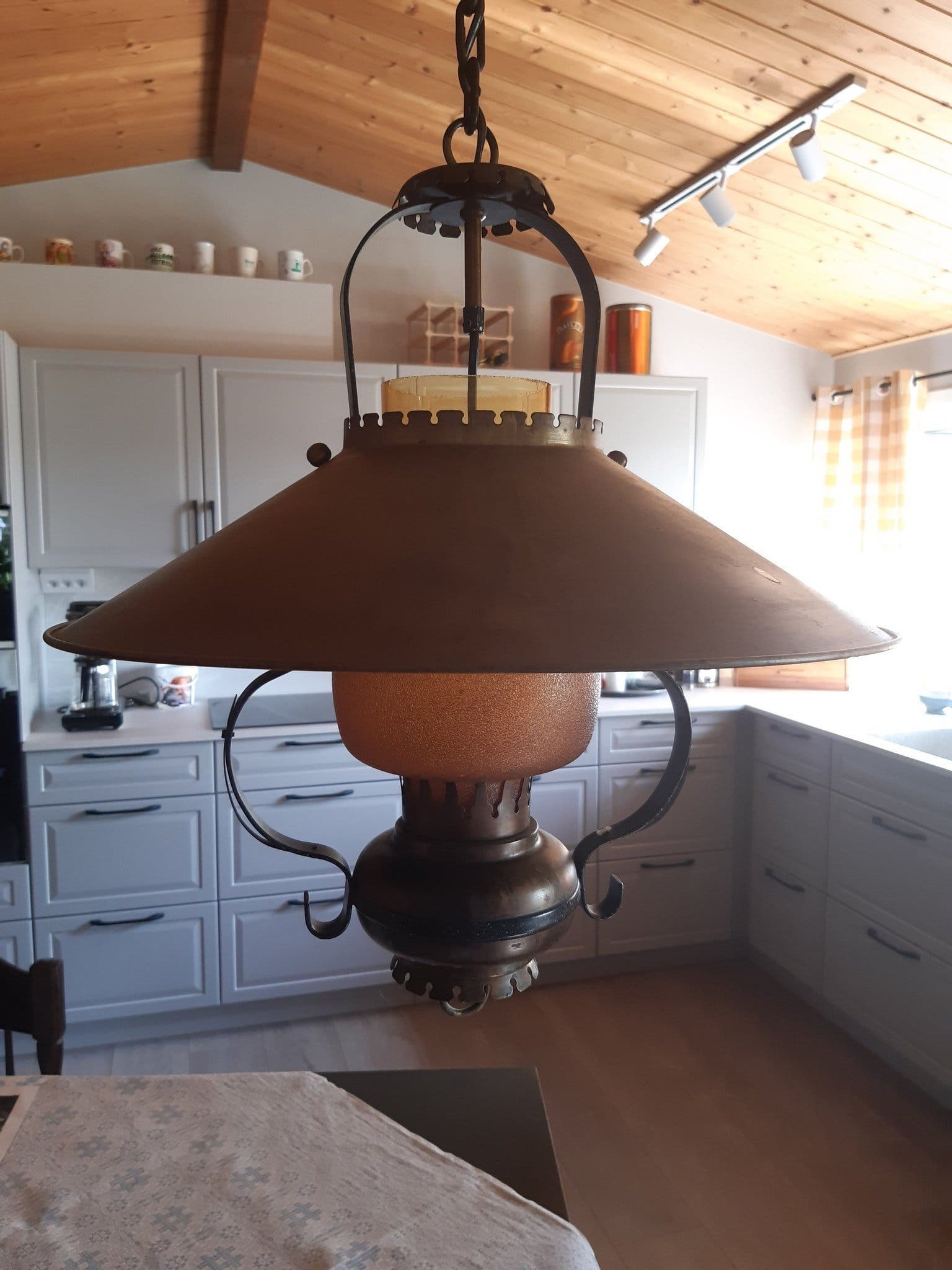 Taklampa i koppar och glas. Marin design. Hämtas i Skummeslöv/Helsingborg