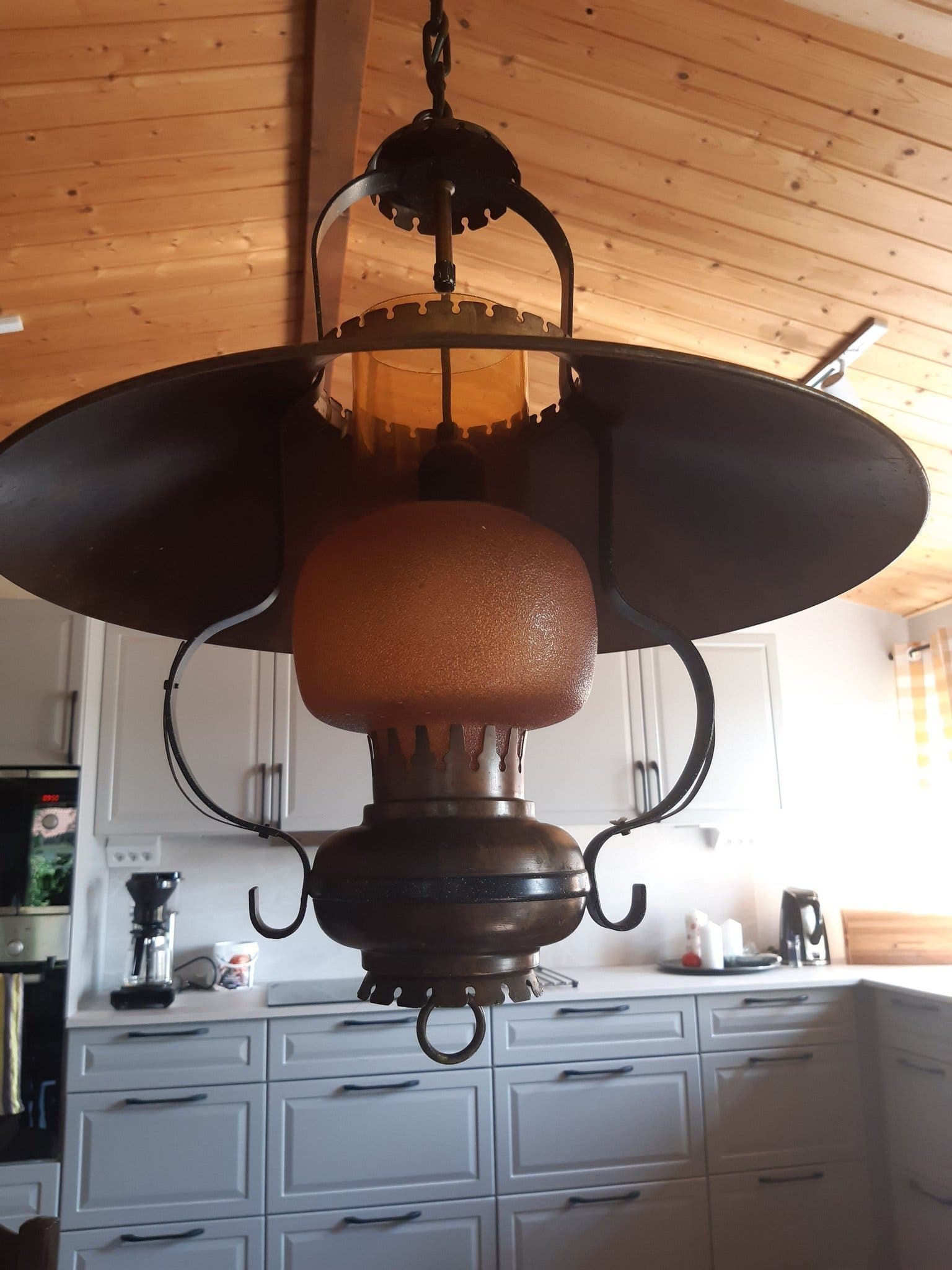 Taklampa i koppar och glas. Marin design. Hämtas i Skummeslöv/Helsingborg