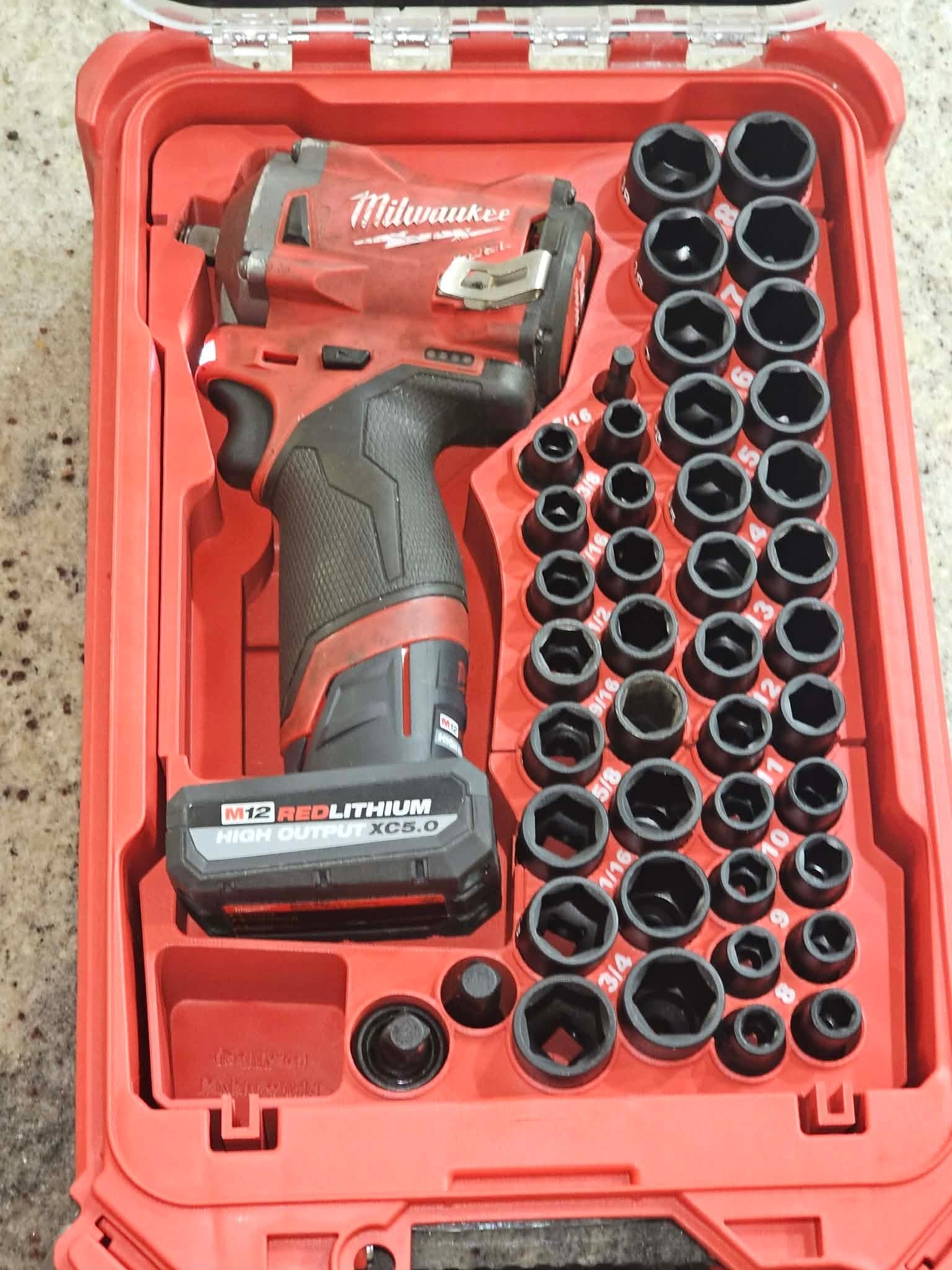 3D Printed Milwaukee M12 GEN 2 Impact Wrench & 43pc 3/8" Socket Packout Insert
