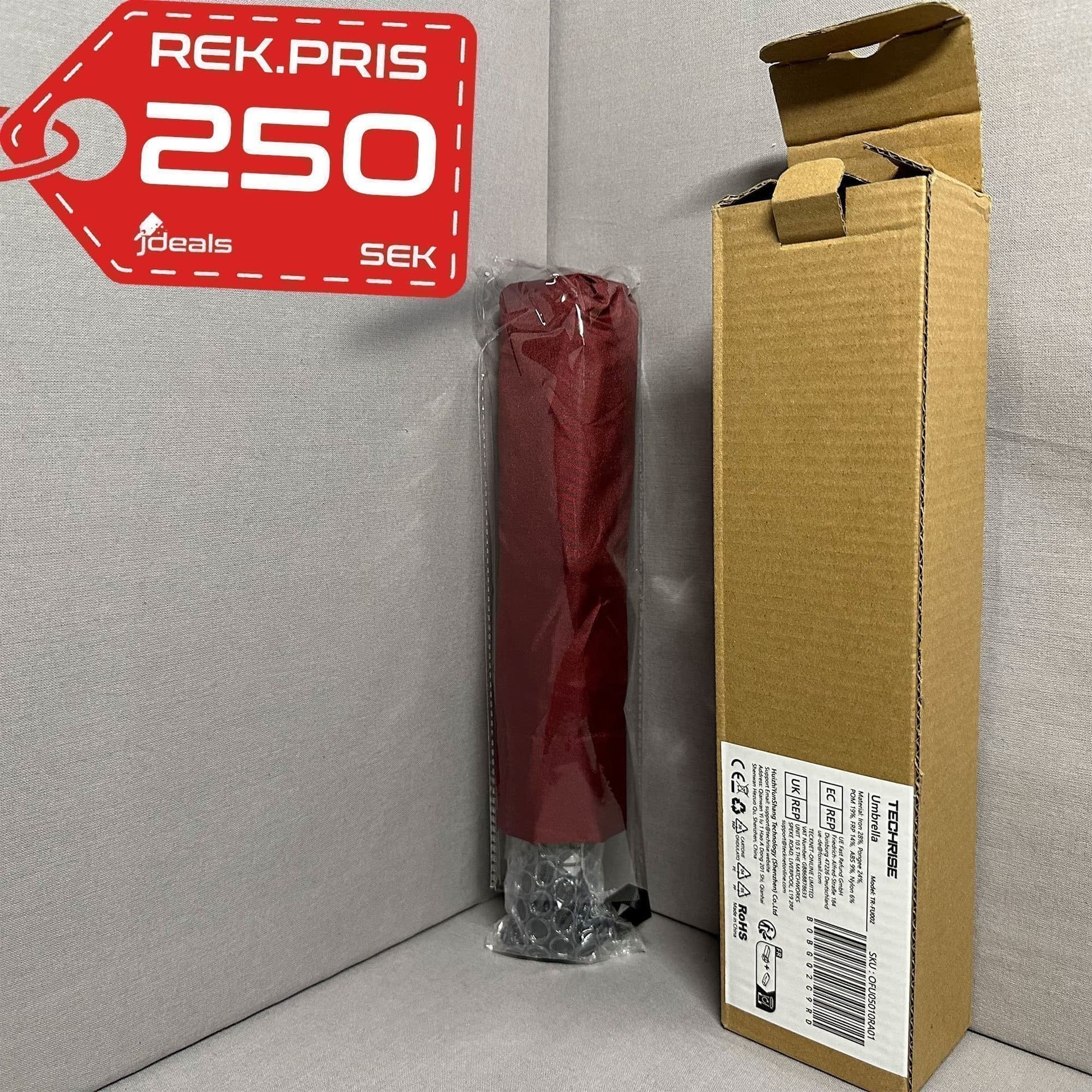 TechRise Kompakt Vindresistent Automatisk Paraply - Röd