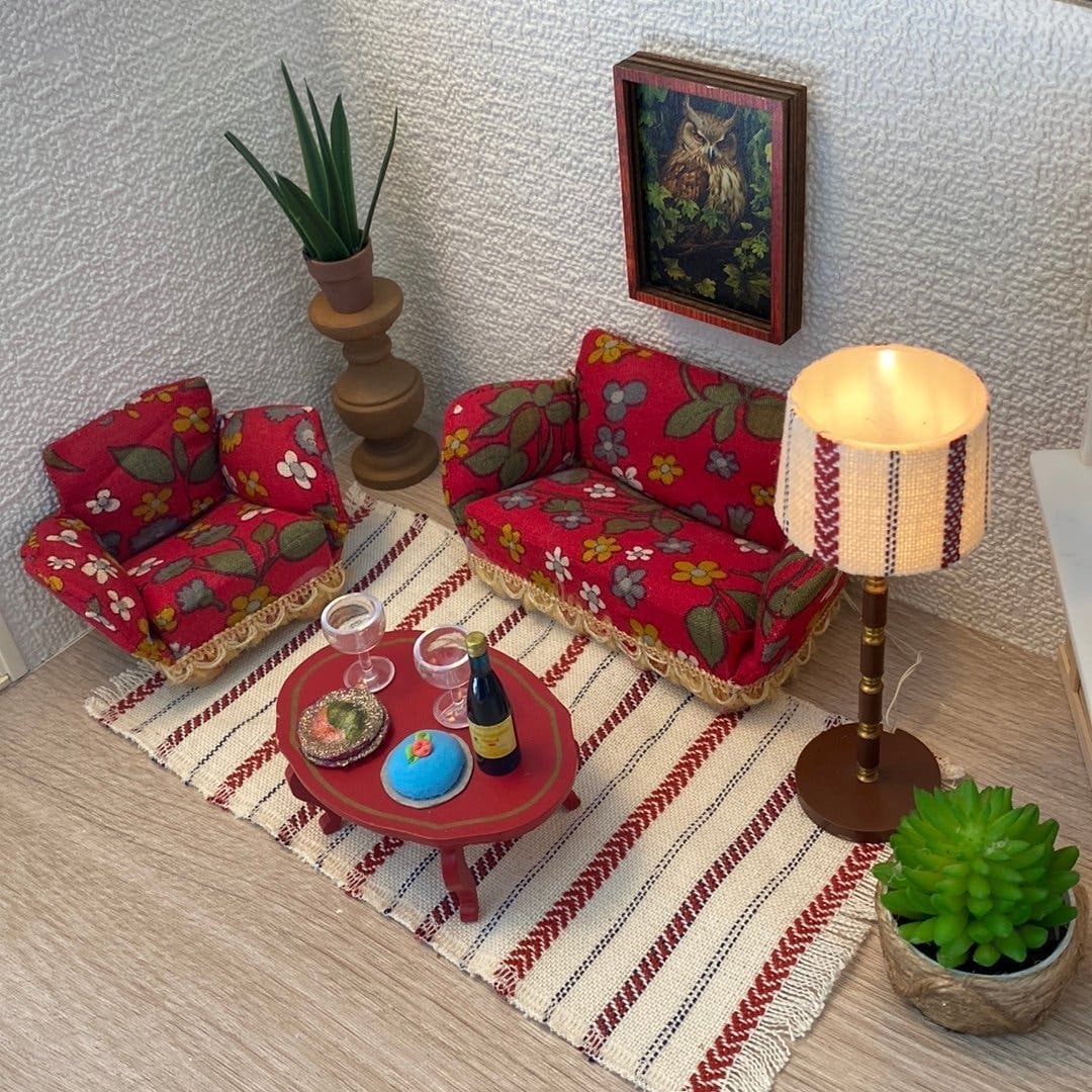 Retro soffgrupp med bord i trä till Lerro / Lundby dockskåp