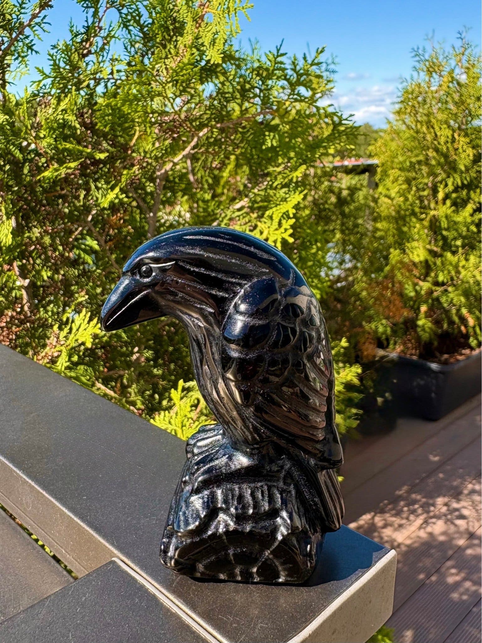 Stor Kristall i Svart Obsidian Korp Raven Carving