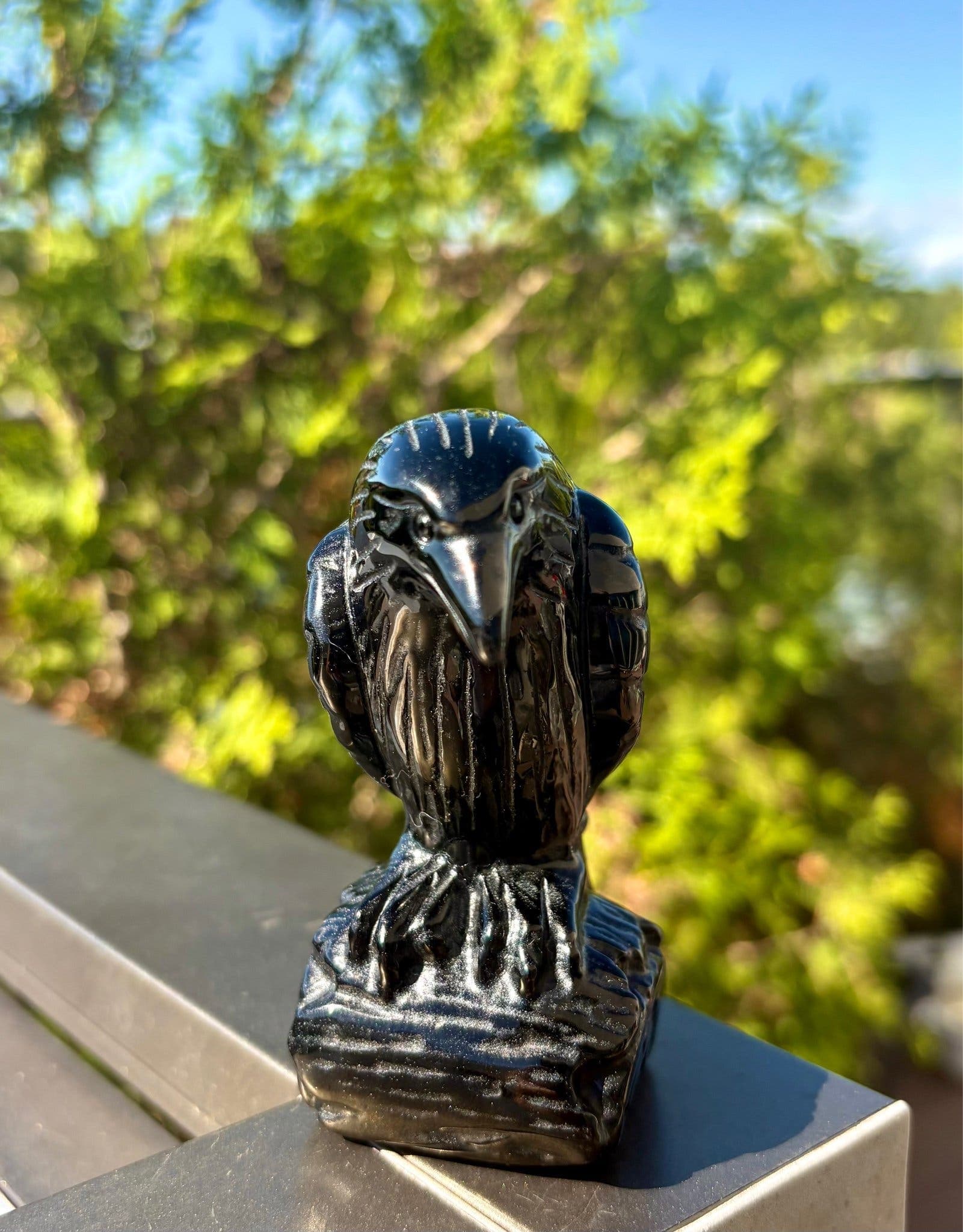 Stor Kristall i Svart Obsidian Korp Raven Carving
