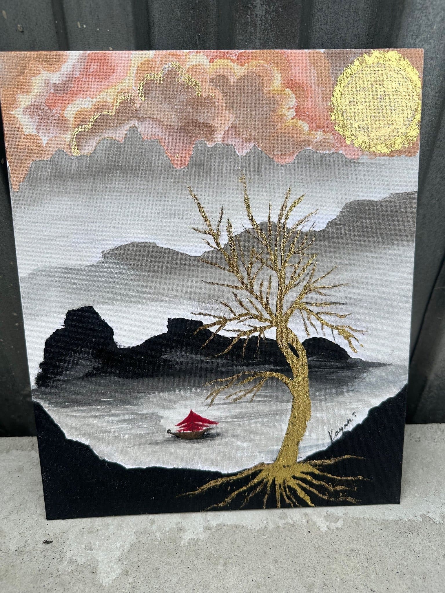 Handmålad tavla – Japanskt landskap med gulddetaljer | 25x30cm